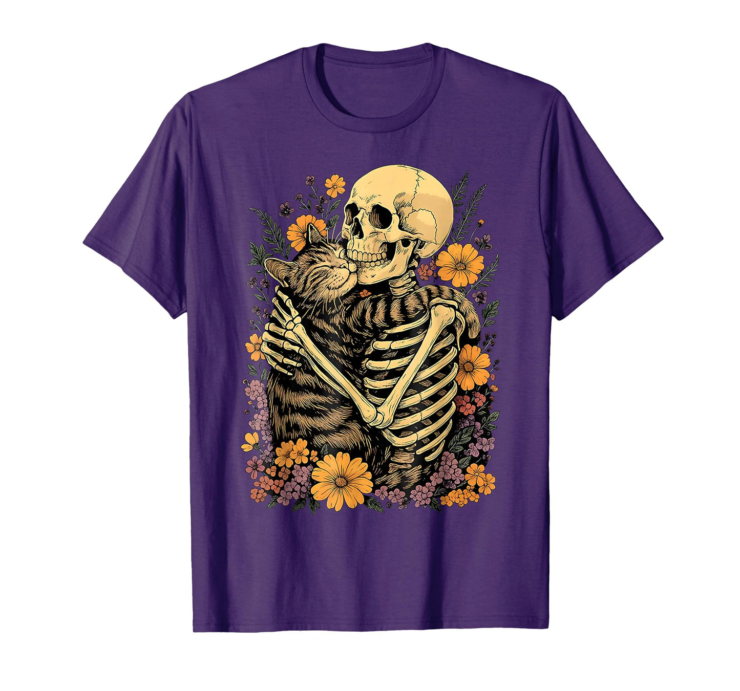 Skeleton Hugging Cat Floral for Cat Lovers Halloween Night T-Shirt