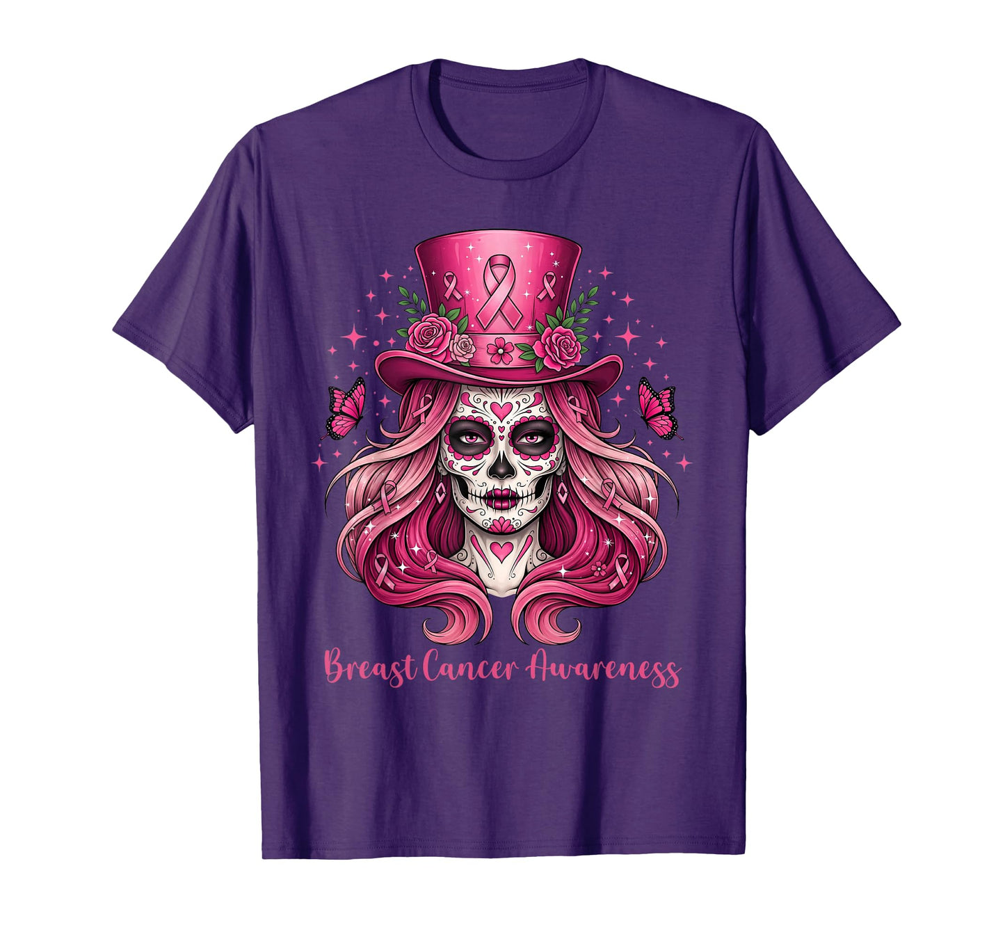 Skull Breast Cancer Awareness Skeleton Women Pink Ribbon T-Shirt