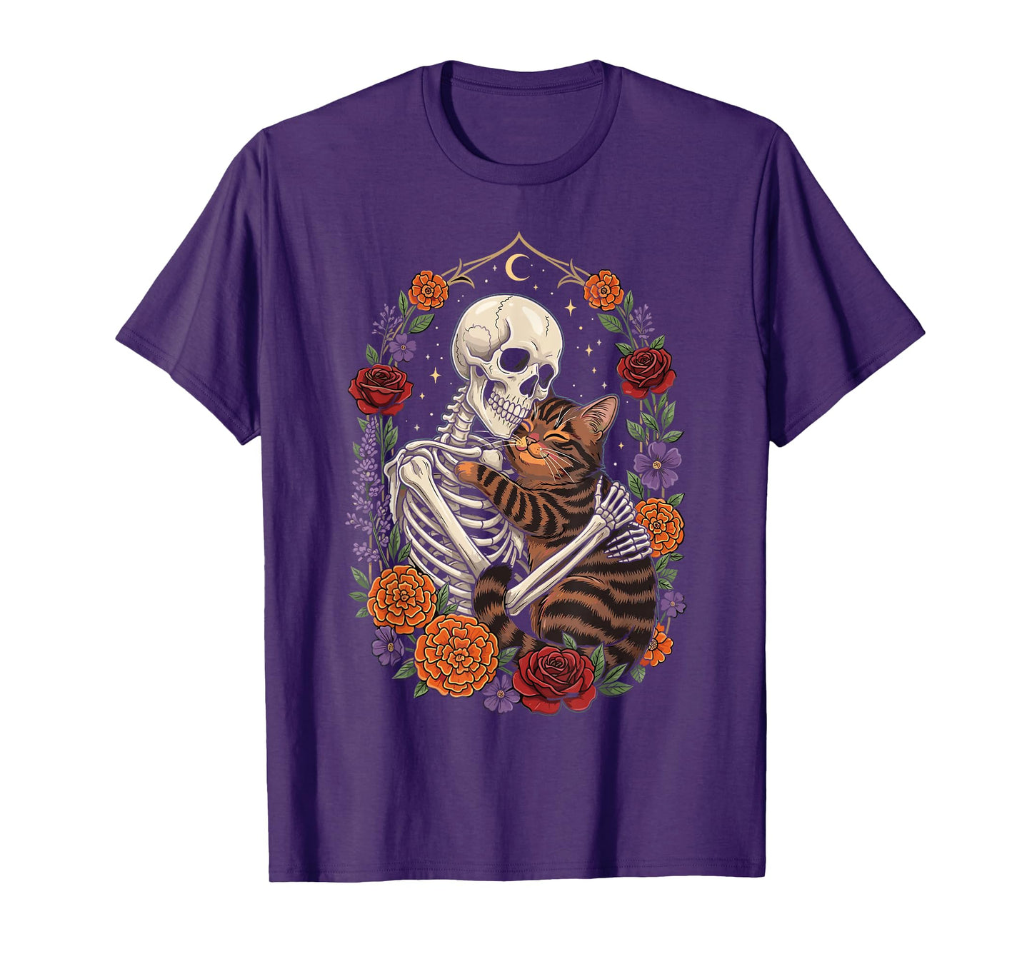 Skeleton Hugging Cat with Flowers Gothic T-Shirt