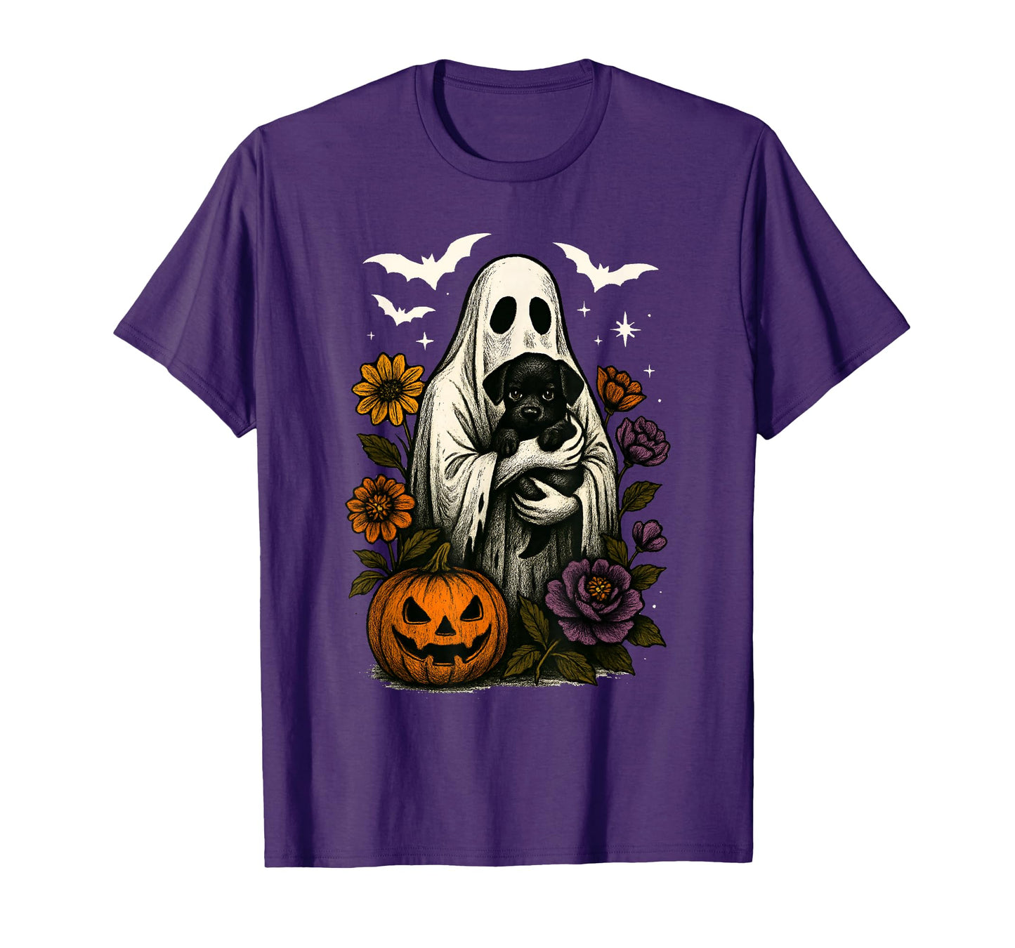 Floral Ghost Black Dog Coquette Funny Halloween Design T-Shirt