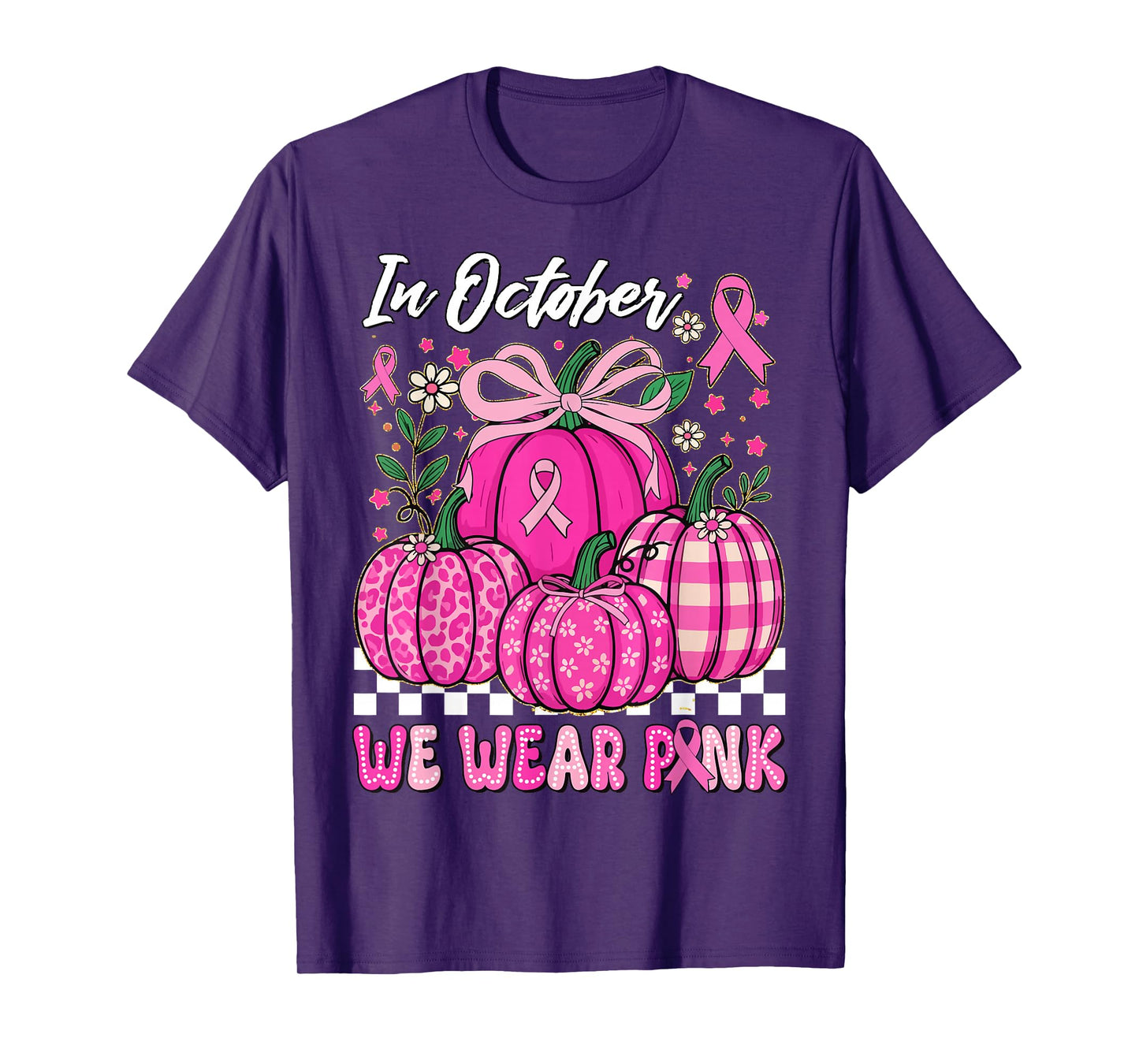 in October We Wear Pink Breast Cancer Bow Pumpkin Halloween T-Shirt