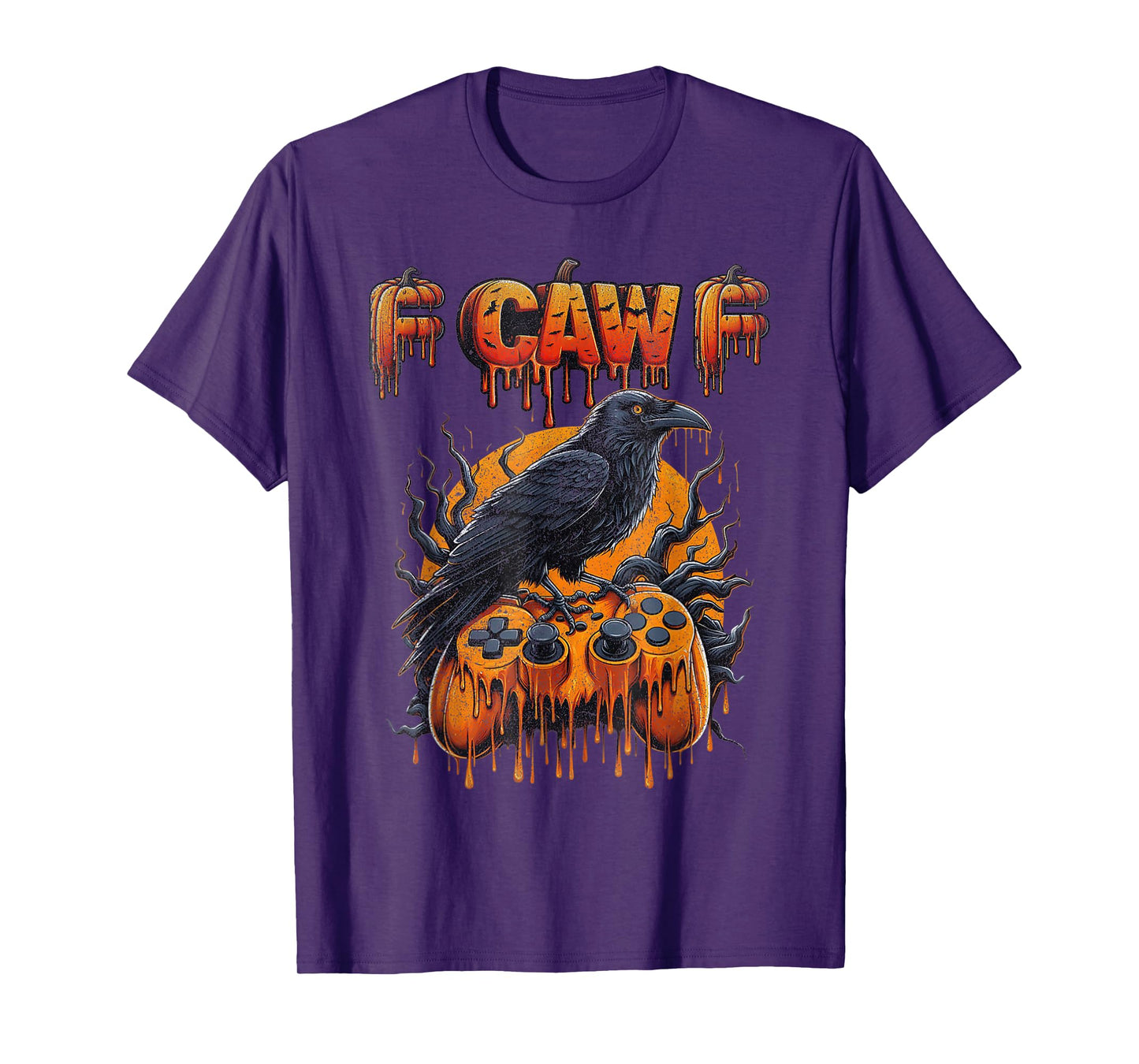 F-CAW-F Funny Halloween Gamer Crow on a Pumpkin Controller T-Shirt
