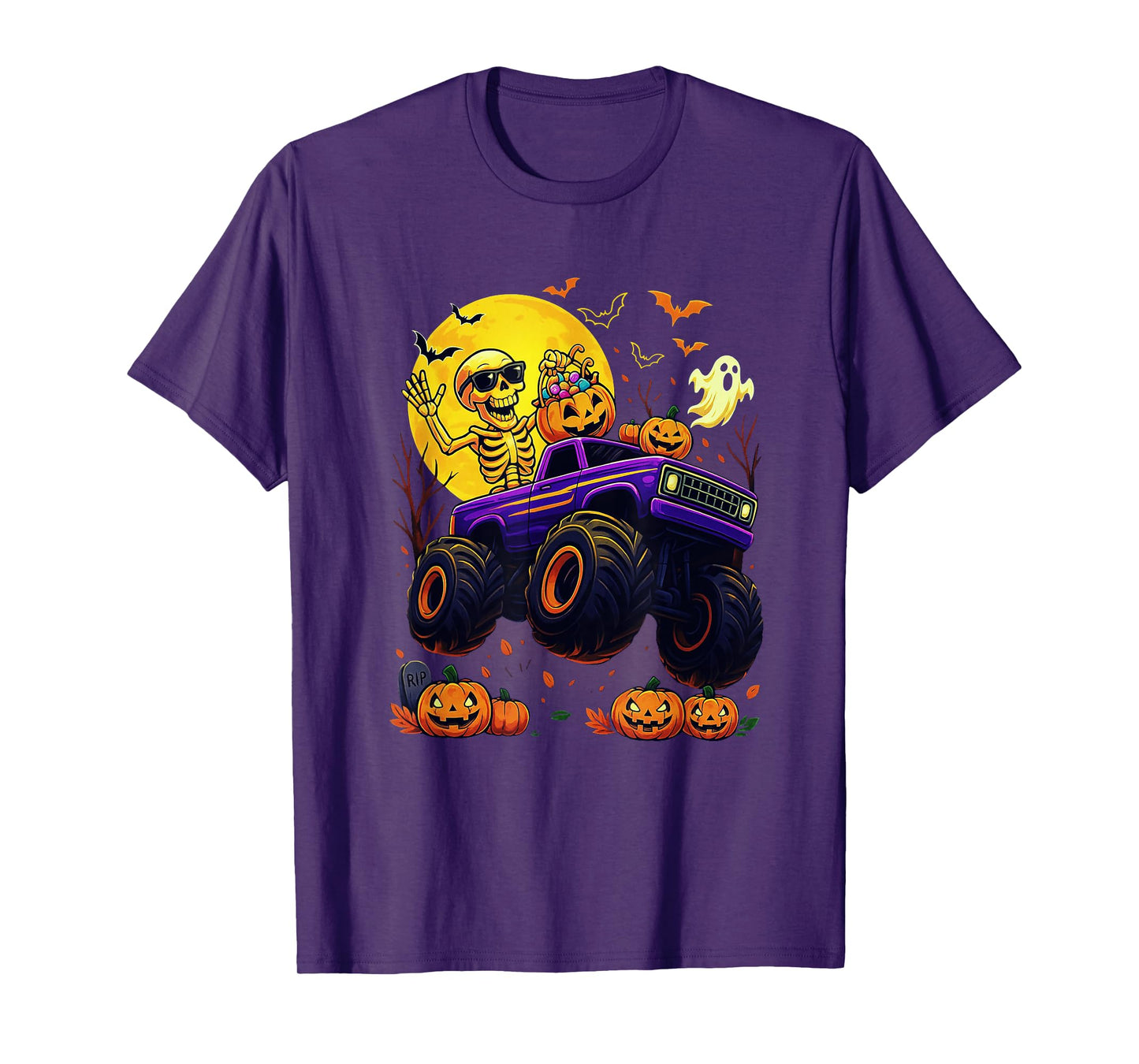 Spooky Skeleton Riding Monster Truck Halloween Men Boy Kid T-Shirt