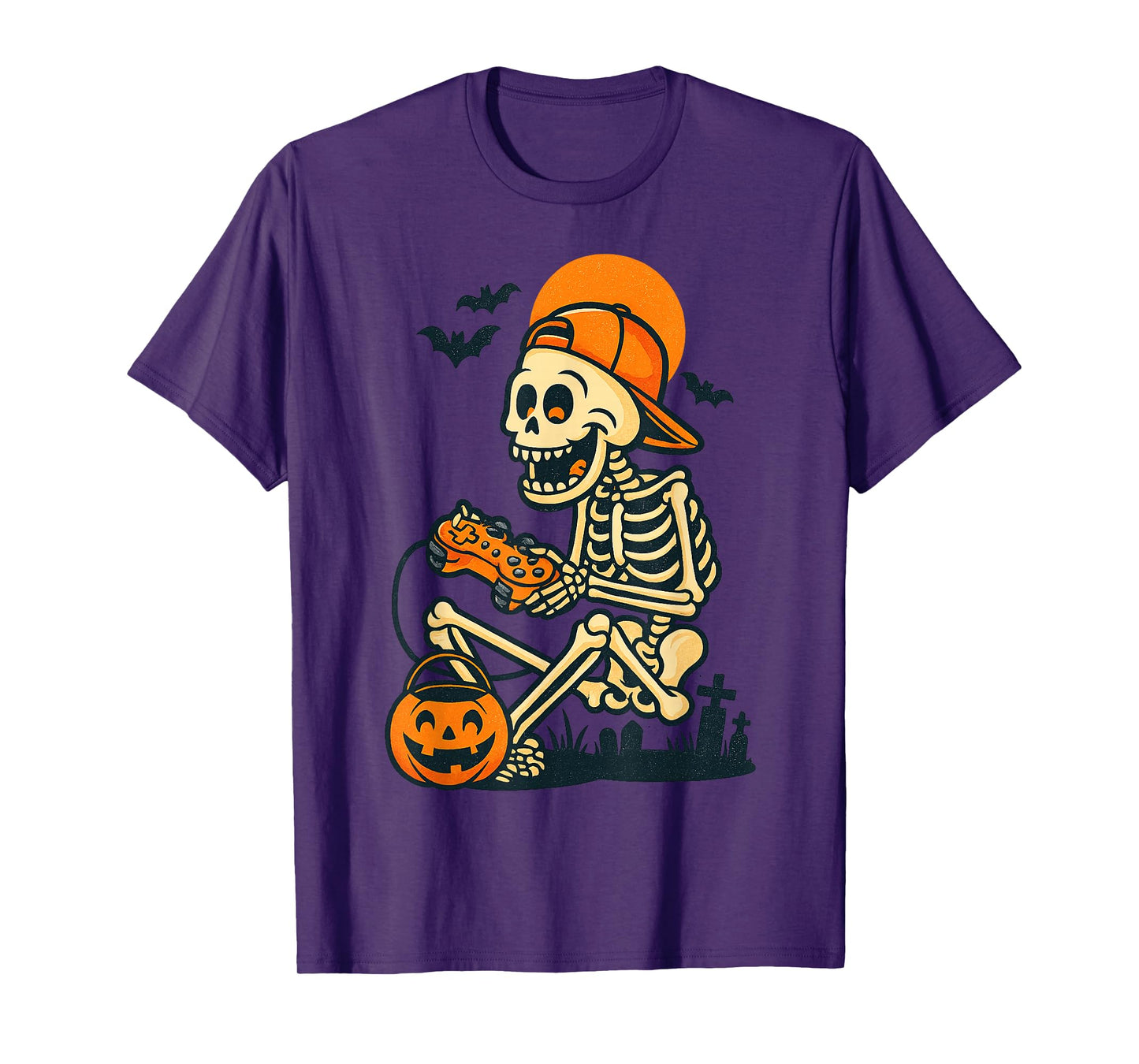 Skeleton Gamer Kids Halloween Controller with Pumpkin Bucket T-Shirt