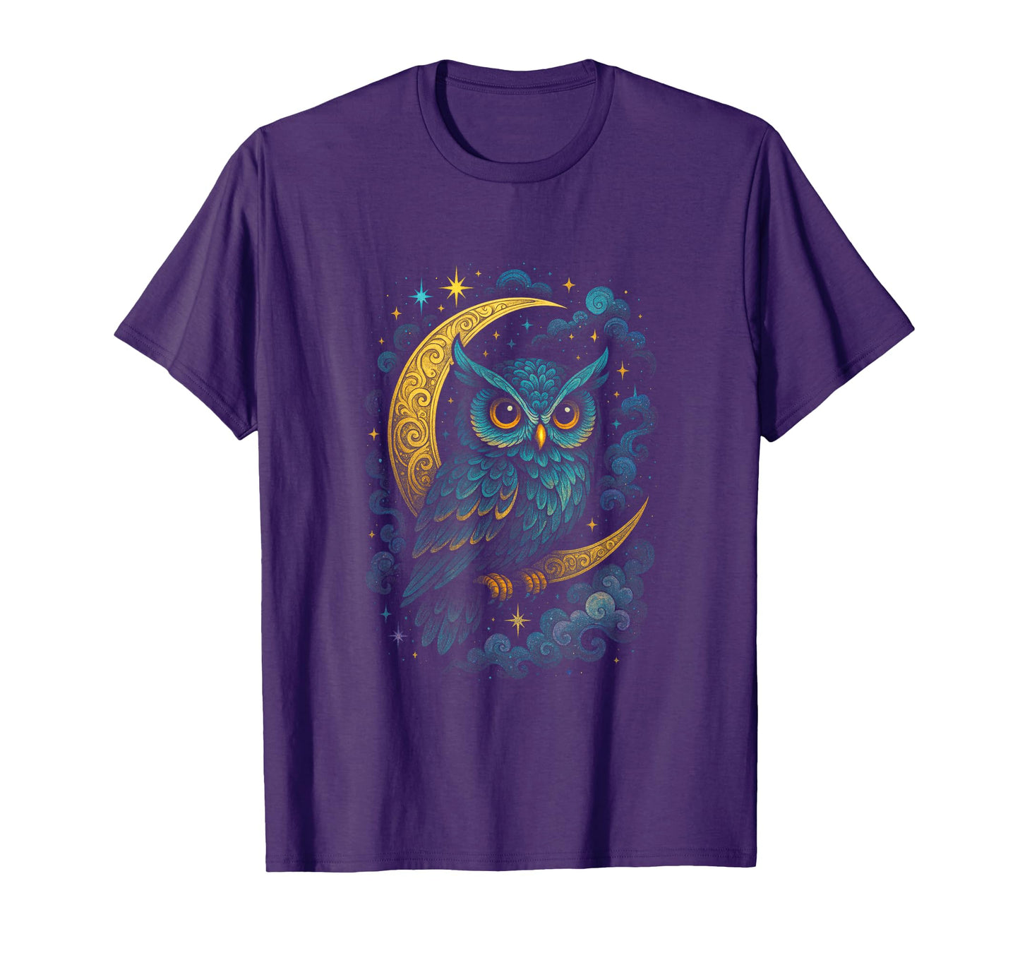 Owl Moon Stars Night Cosmic Mystical Colorful T-Shirt