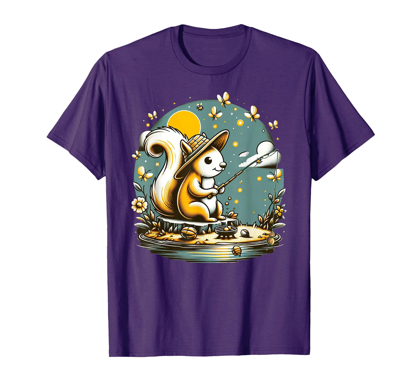 Fishing Squirrel Camping Starry Night Kids T-Shirt