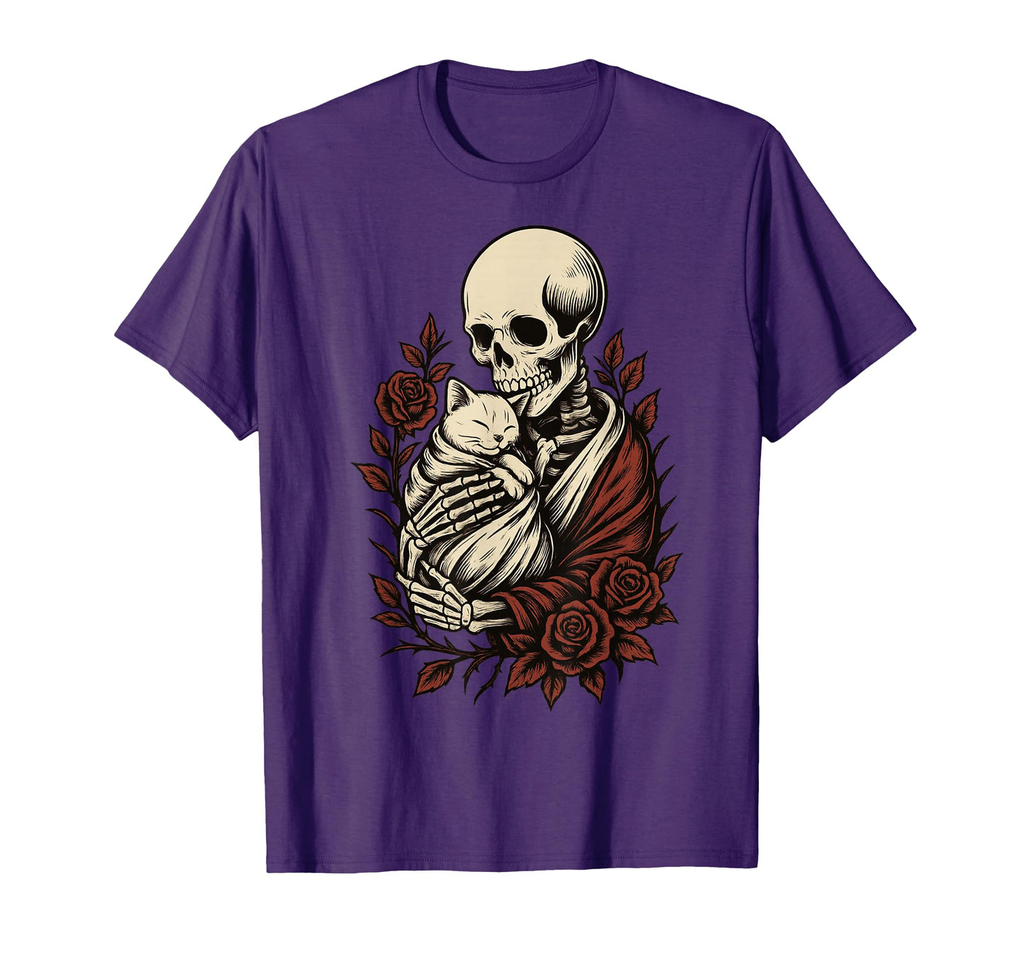 Skeleton Hugging Cat Gothic Floral Creepy Cute Halloween T-Shirt