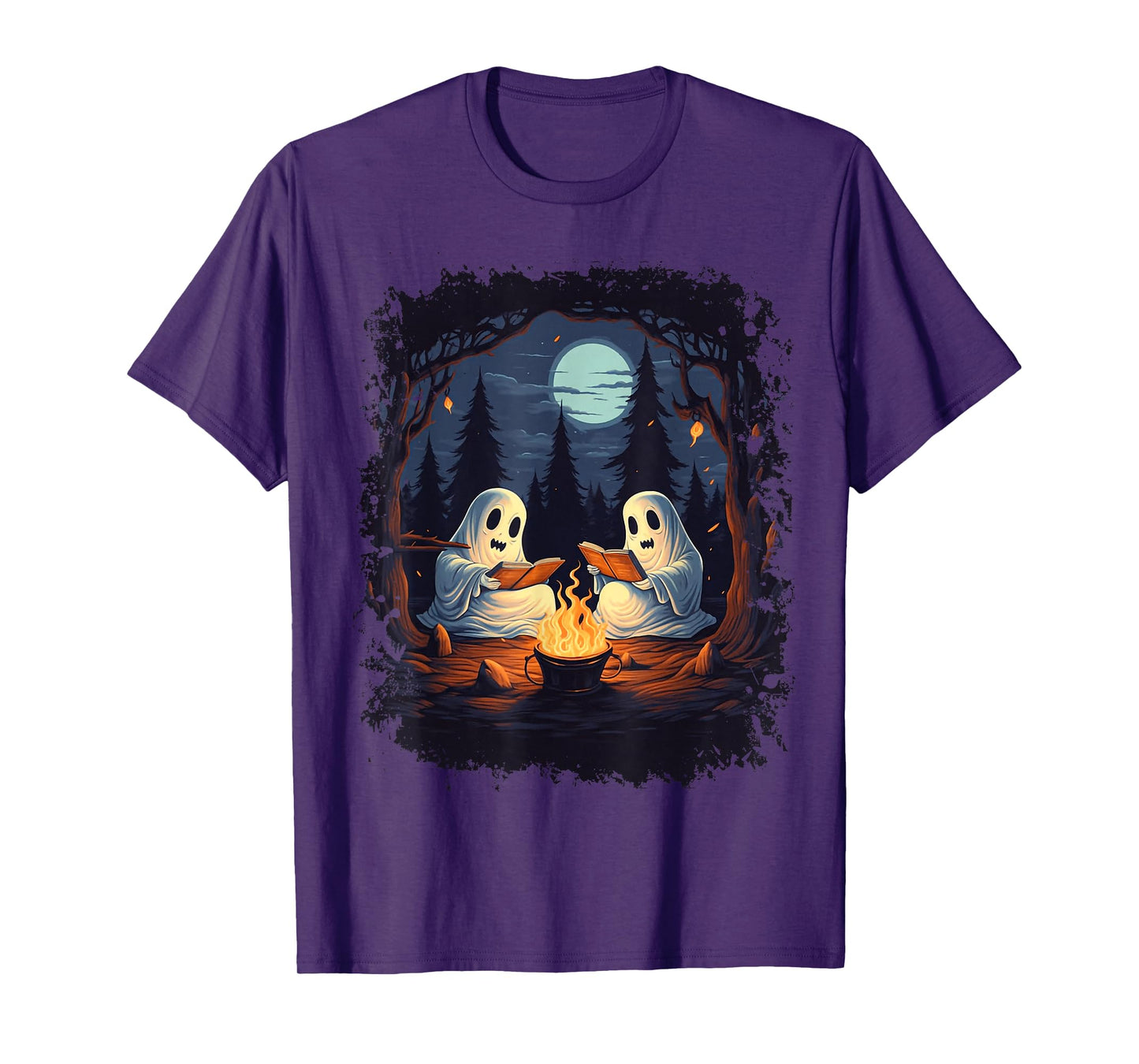 Retro Ghost Reading Books Camping Campfire Gothic Halloween T-Shirt