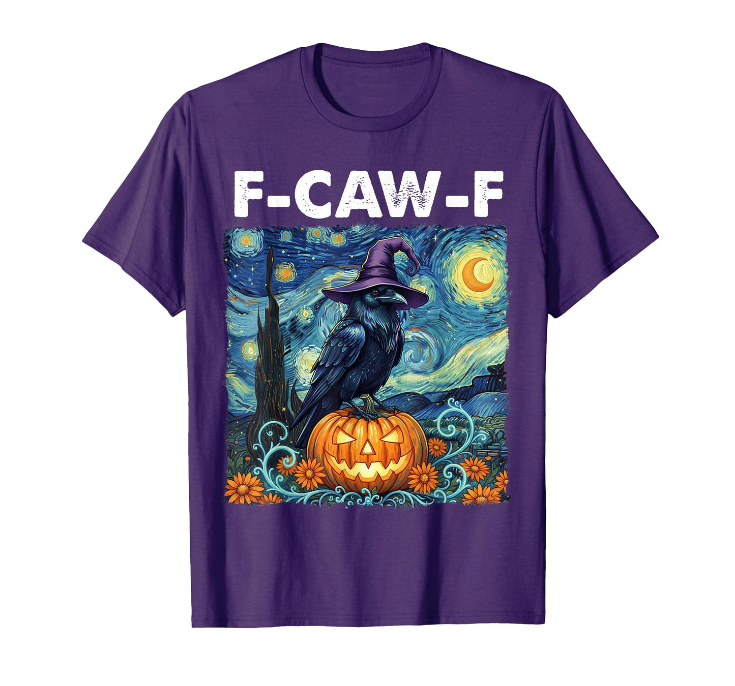 Halloween F-Caw-F Funny Black Bird Starry Night Pumpkin T-Shirt