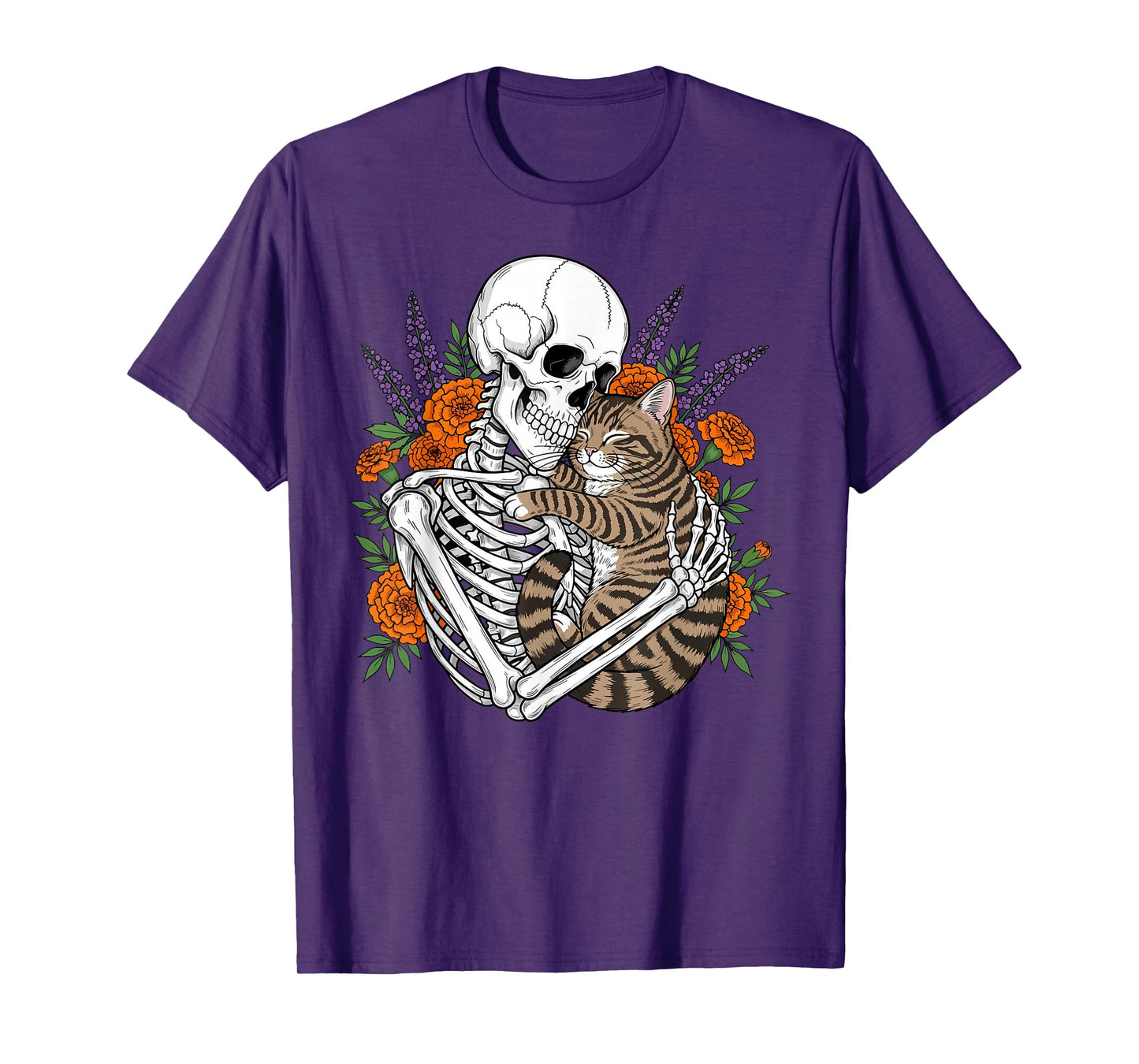 Floral Skeleton Hugging Cat Halloween Gothic Aesthetic T-Shirt