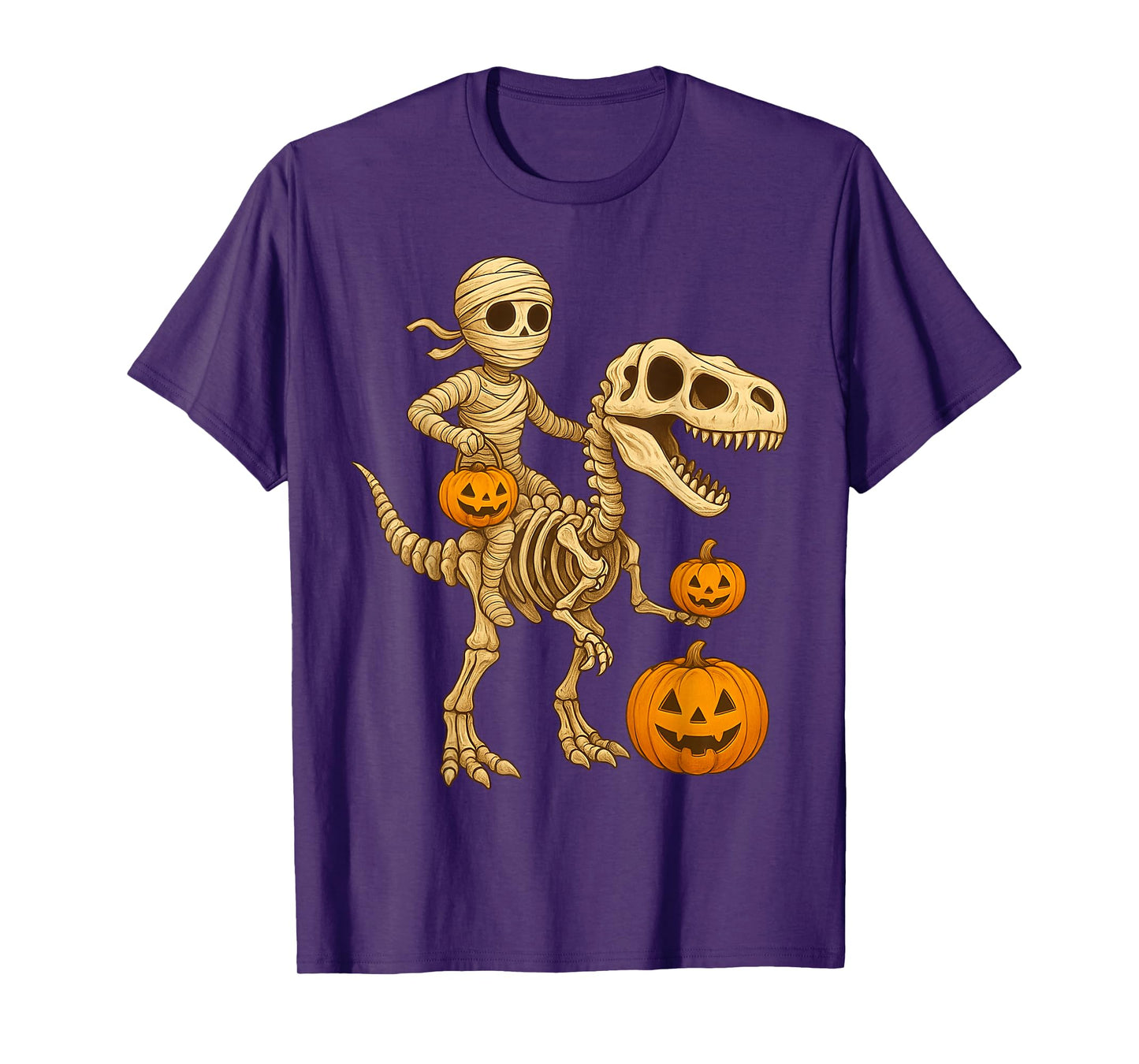 Halloween Mummy Riding T-Rex Dinosaur Skeleton Tee T-Shirt