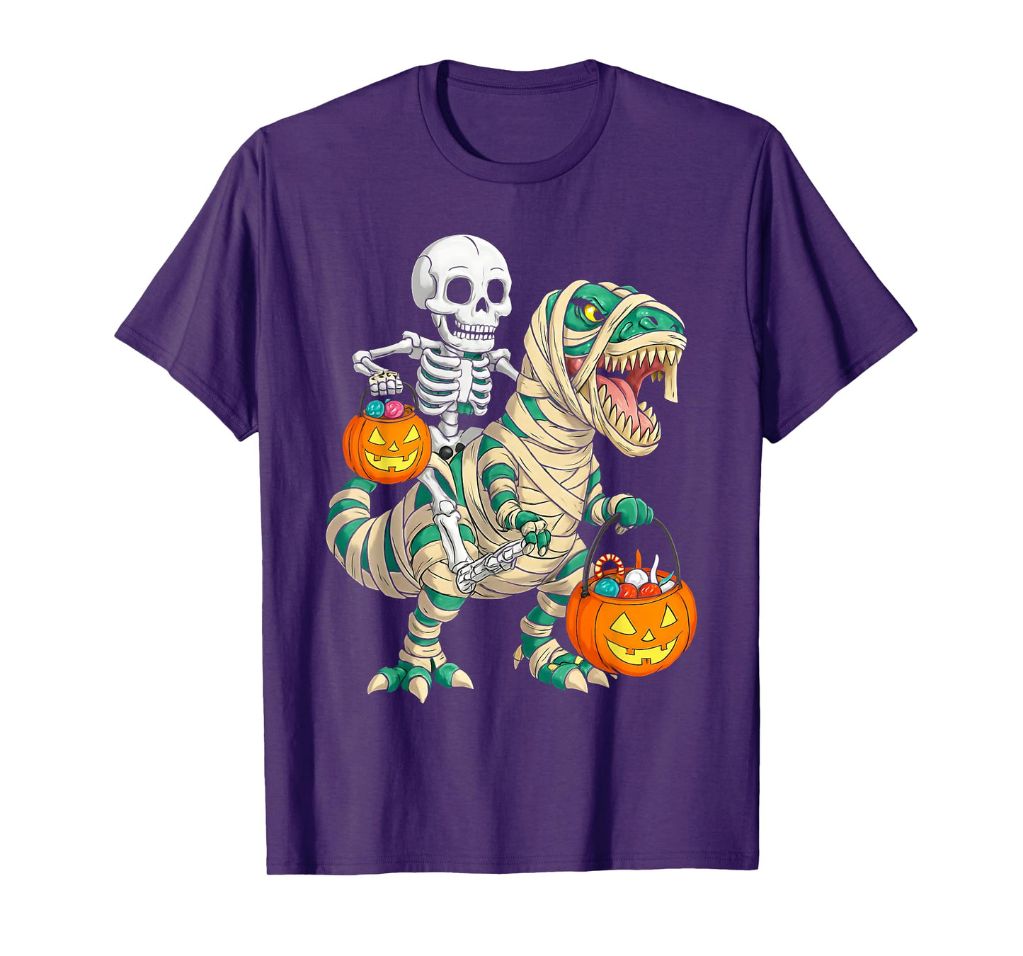 Skeleton Riding Mummy Dinosaur T rex Halloween Funny Pumpkin T-Shirt