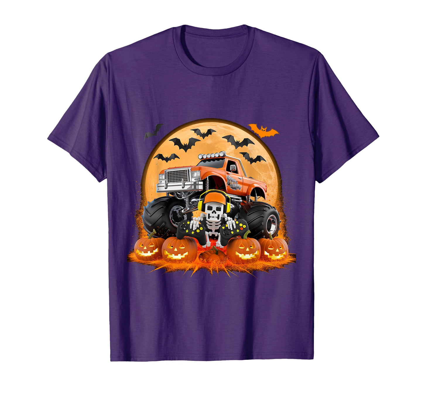 Kids Halloween Pixel Skeleton Gamer Monster Truck Pumpkin T-Shirt
