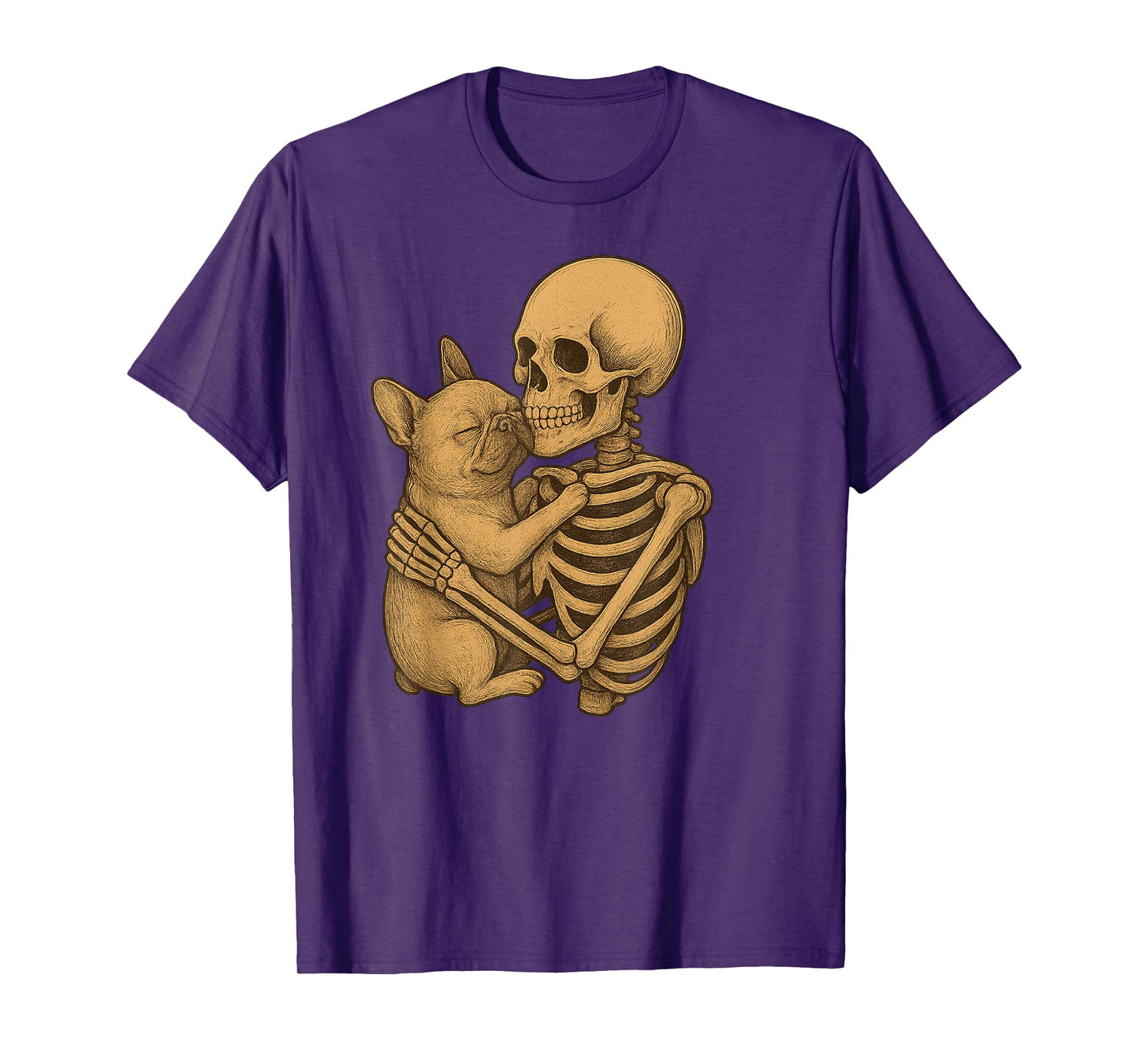 Skeleton Hugging Frenchie Dog Halloween T-Shirt