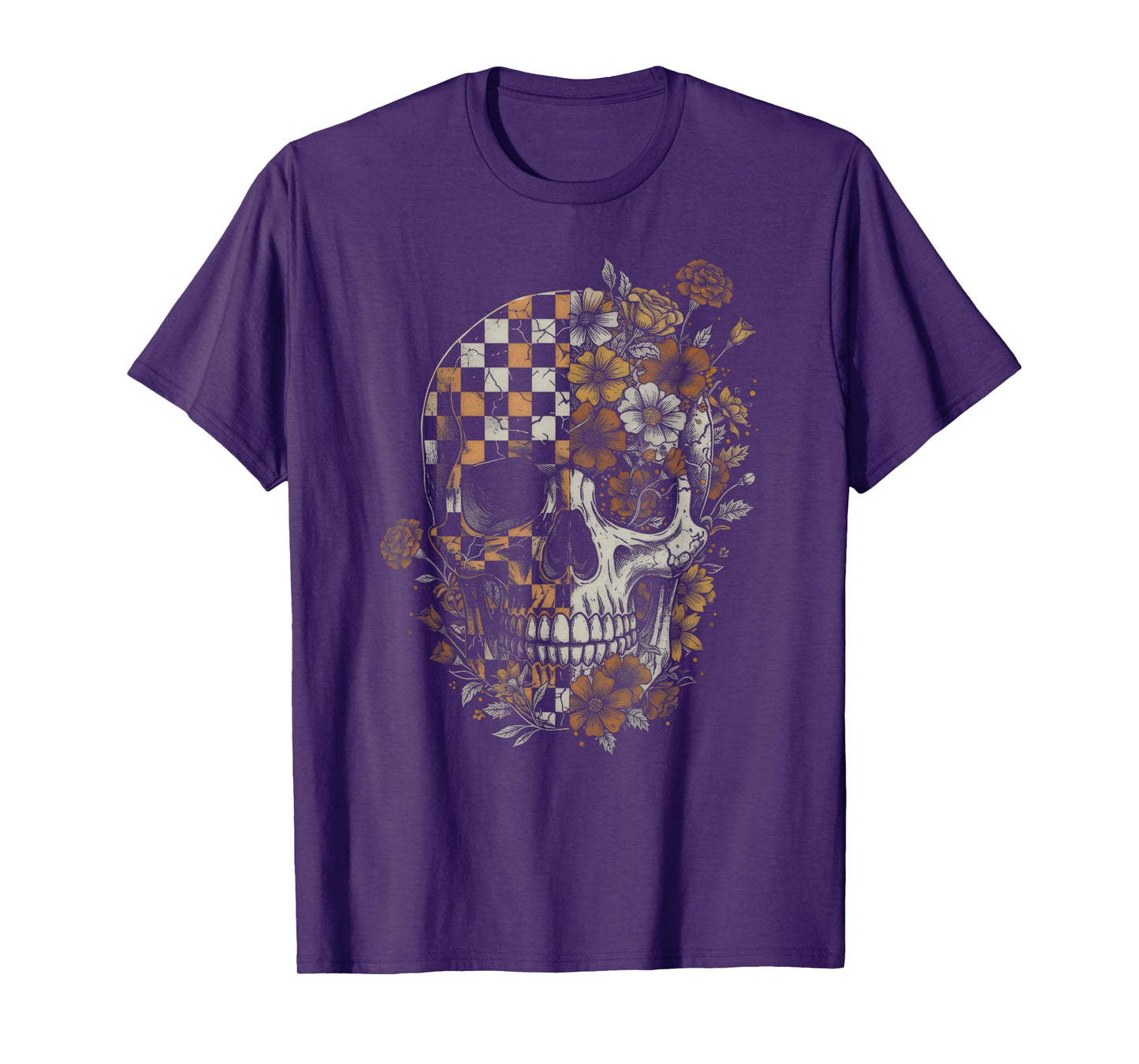 Checkered Boho Floral Skull Halloween Women Girl T-Shirt
