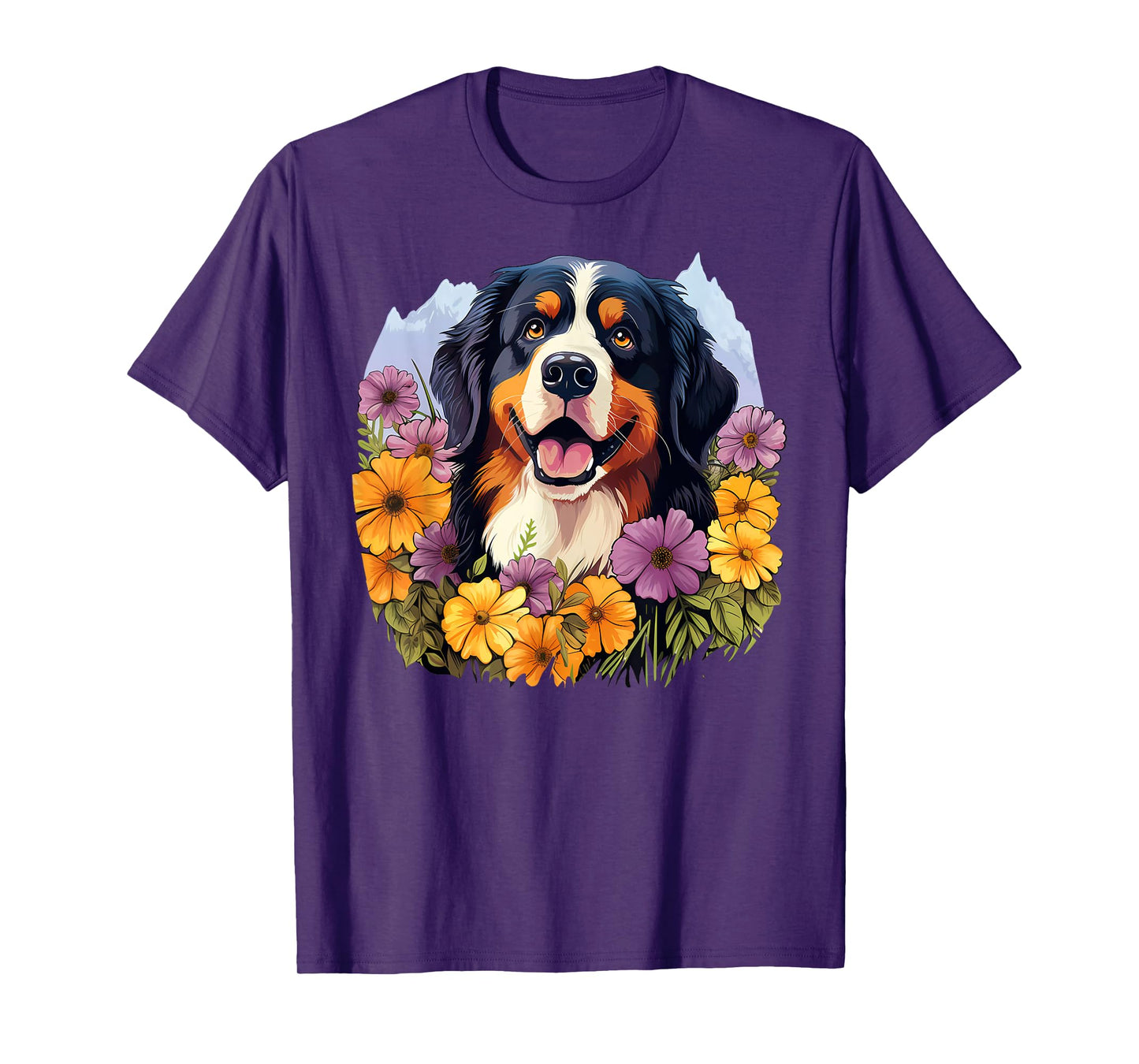 Cute Bernese Mountain Dog in Spring Flower Garden Puppy Men Women Girls Kids T-Shirt