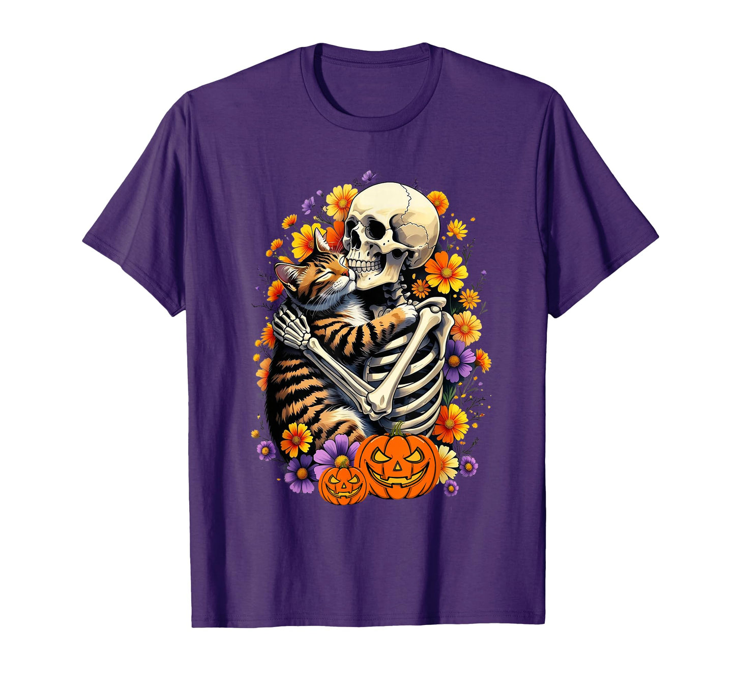 Skeleton Hugging Cat Floral Halloween Pumpkin Cats Lover T-Shirt