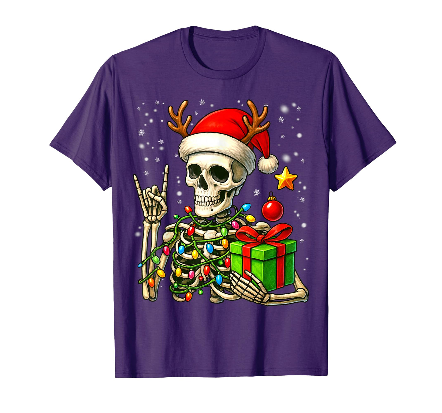Funny Skeleton Rock on Reindeer Santa Hat Christmas Xmas Men T-Shirt