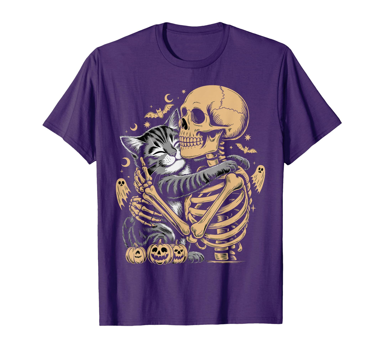 Skeleton Hugging Cat Halloween Cat Lover T-Shirt