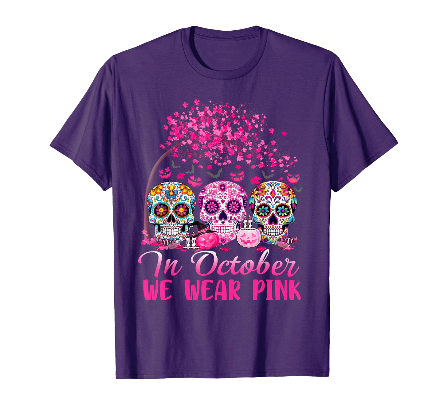 In October We Wear Pink Sugar Skull Halloween Breast Cancer T-Shirt