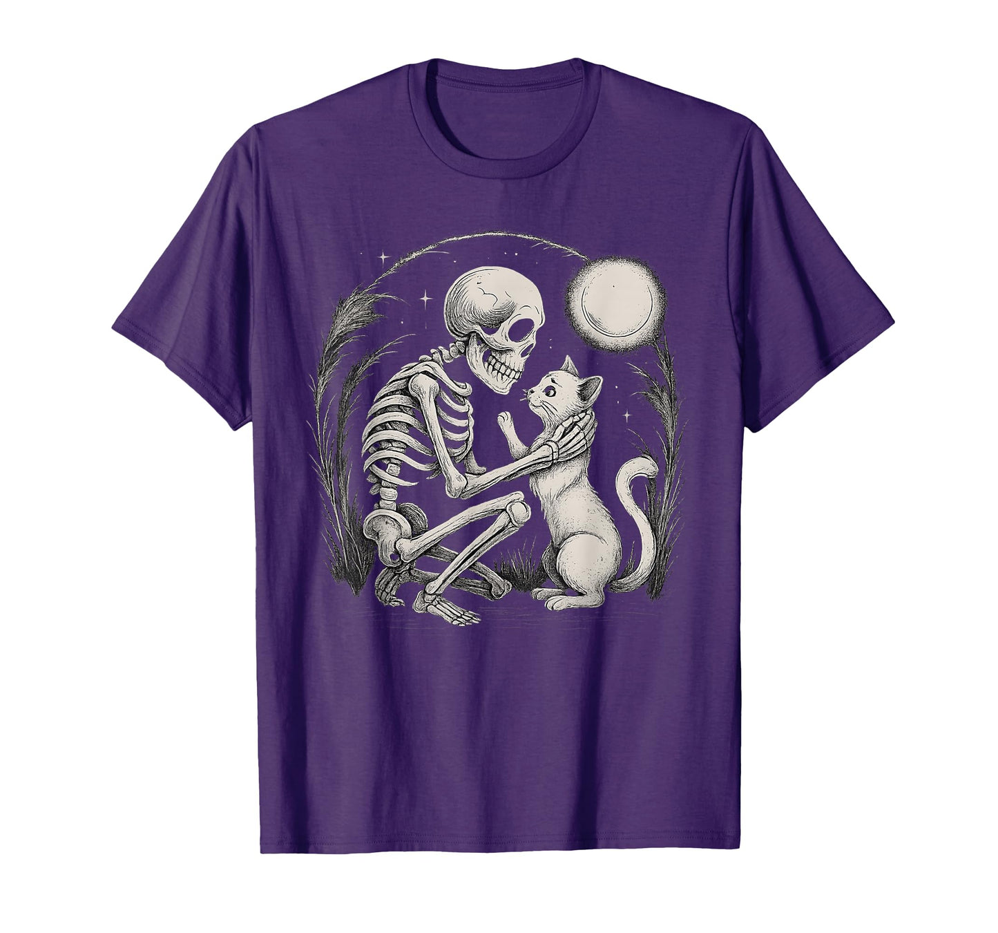 Skeleton Cat Moon Night Halloween Funny Cute Men Women Lazy T-Shirt