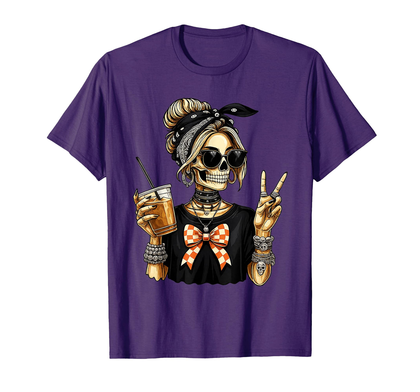 Skeleton Girl Drinking Coffee Peace Sign Graphic for Women T-Shirt