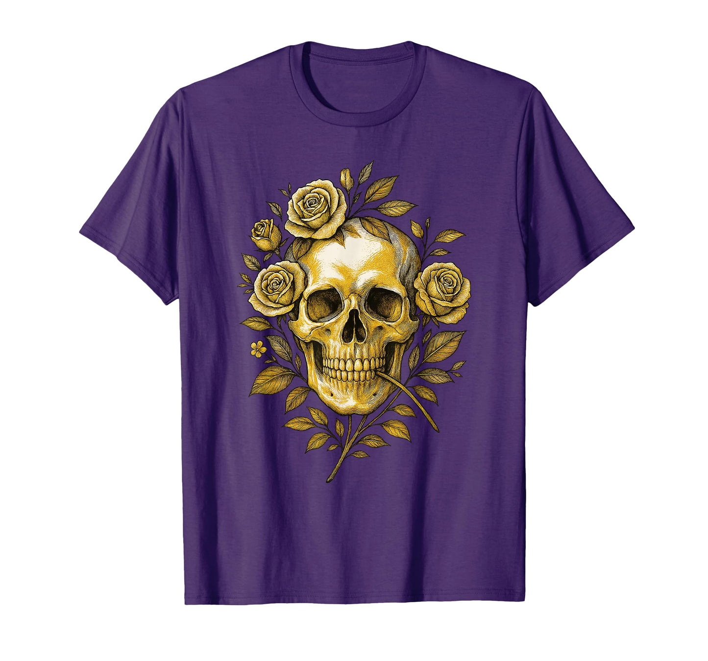Floral Mexican Skull with Rose Details and Gothic Head T-Shirt