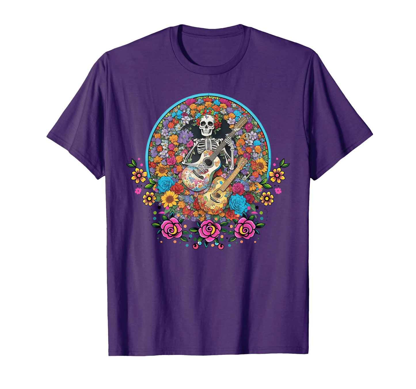 Catrina Day Floral Sugar Skull Guitar Los Muertos Halloween T-Shirt