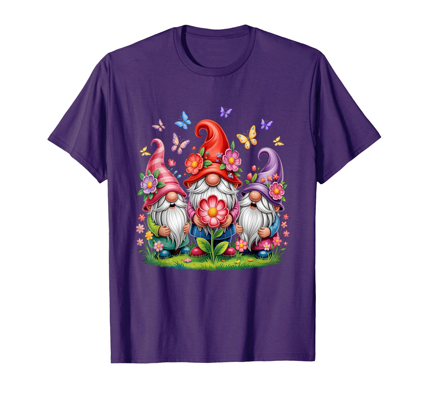 Whimsical Three Gnome Trio Blooming Flowers And Butterflies T-Shirt