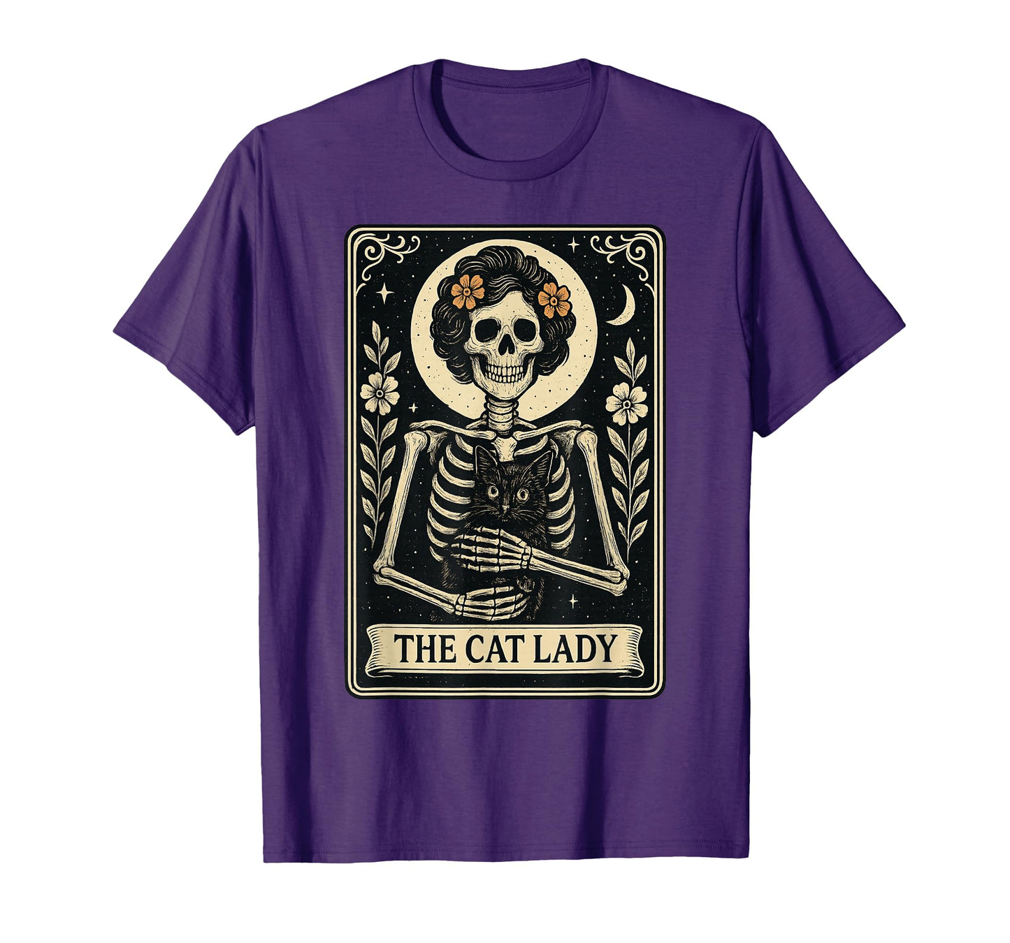 Mystic Skeleton The Cat Lady with Coffee Tarot Card Vibes T-Shirt