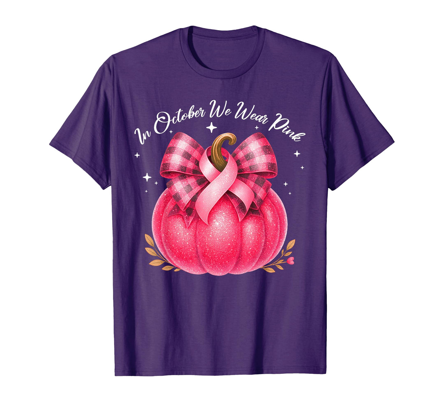 in October We Wear Pink Pumpkin Breast Cancer Coquette Bow T-Shirt