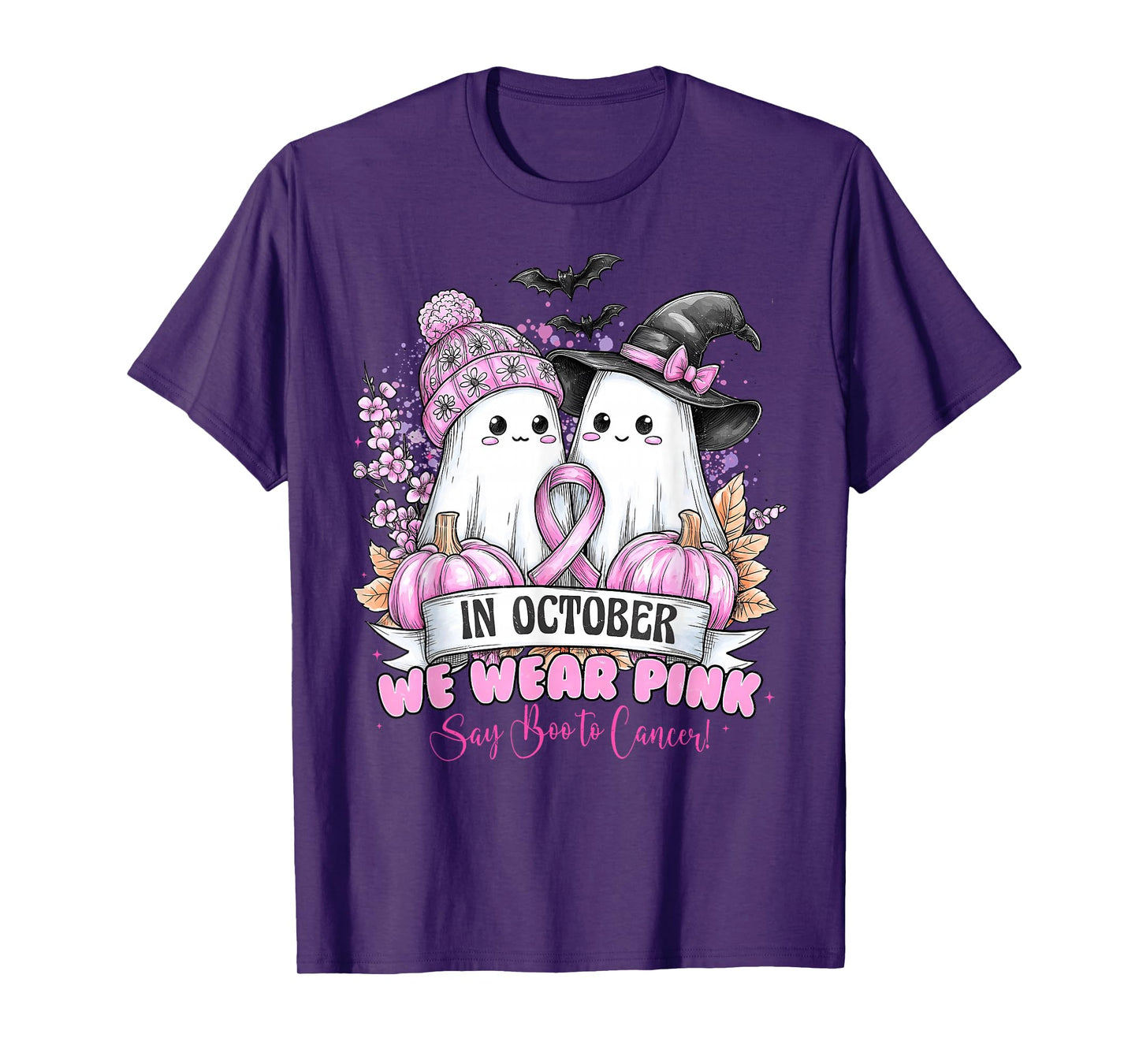 in October We Wear Pink Say Boo to Breast Cancer Ghost Witch T-Shirt