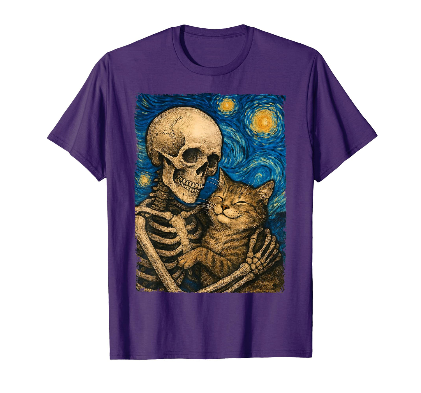 Skeleton Hugging Cat Starry Night Cute Halloween Cats Lover T-Shirt