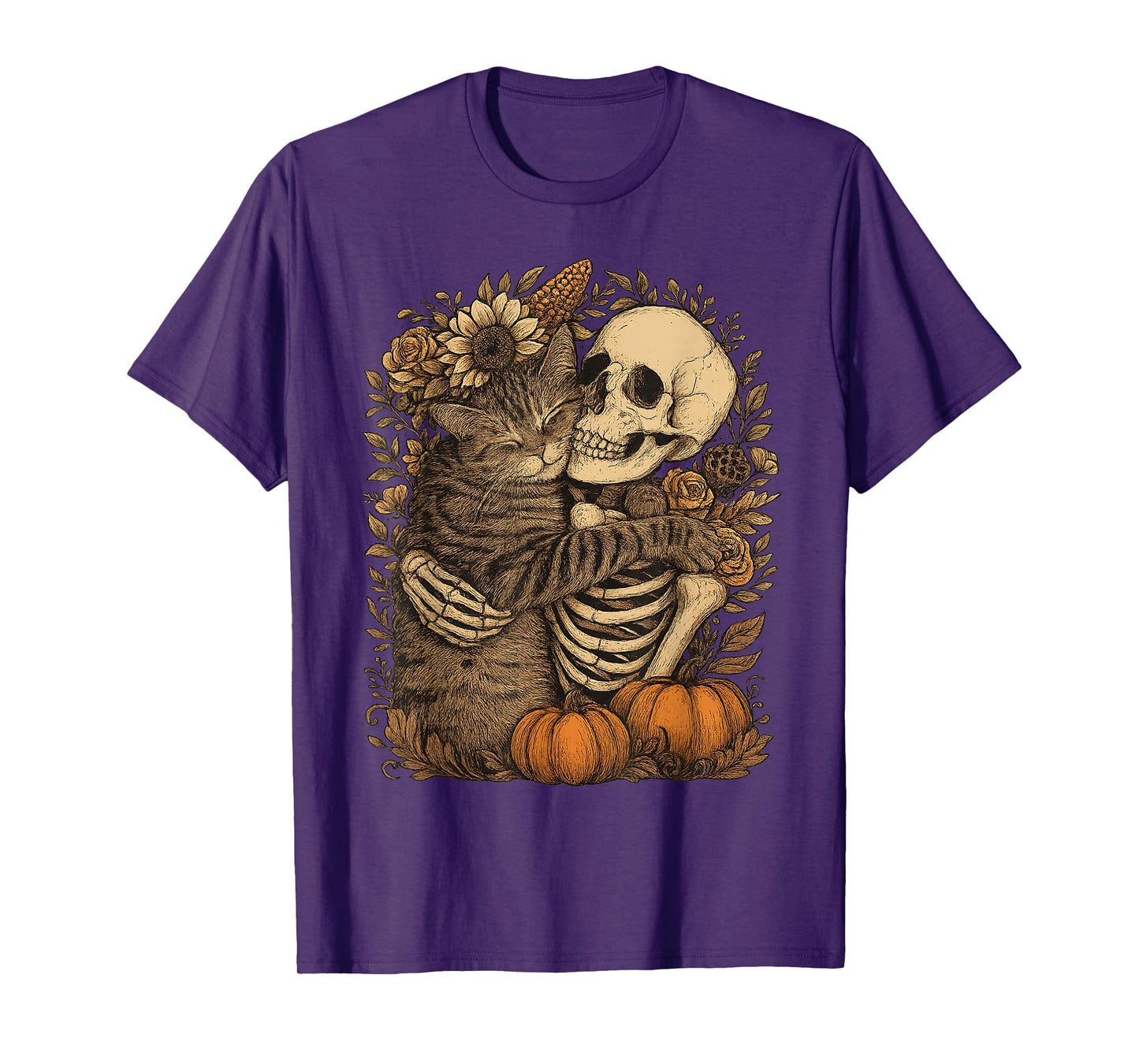 Floral Skeleton Hugging Cat Halloween Cats Mom Dad T-Shirt