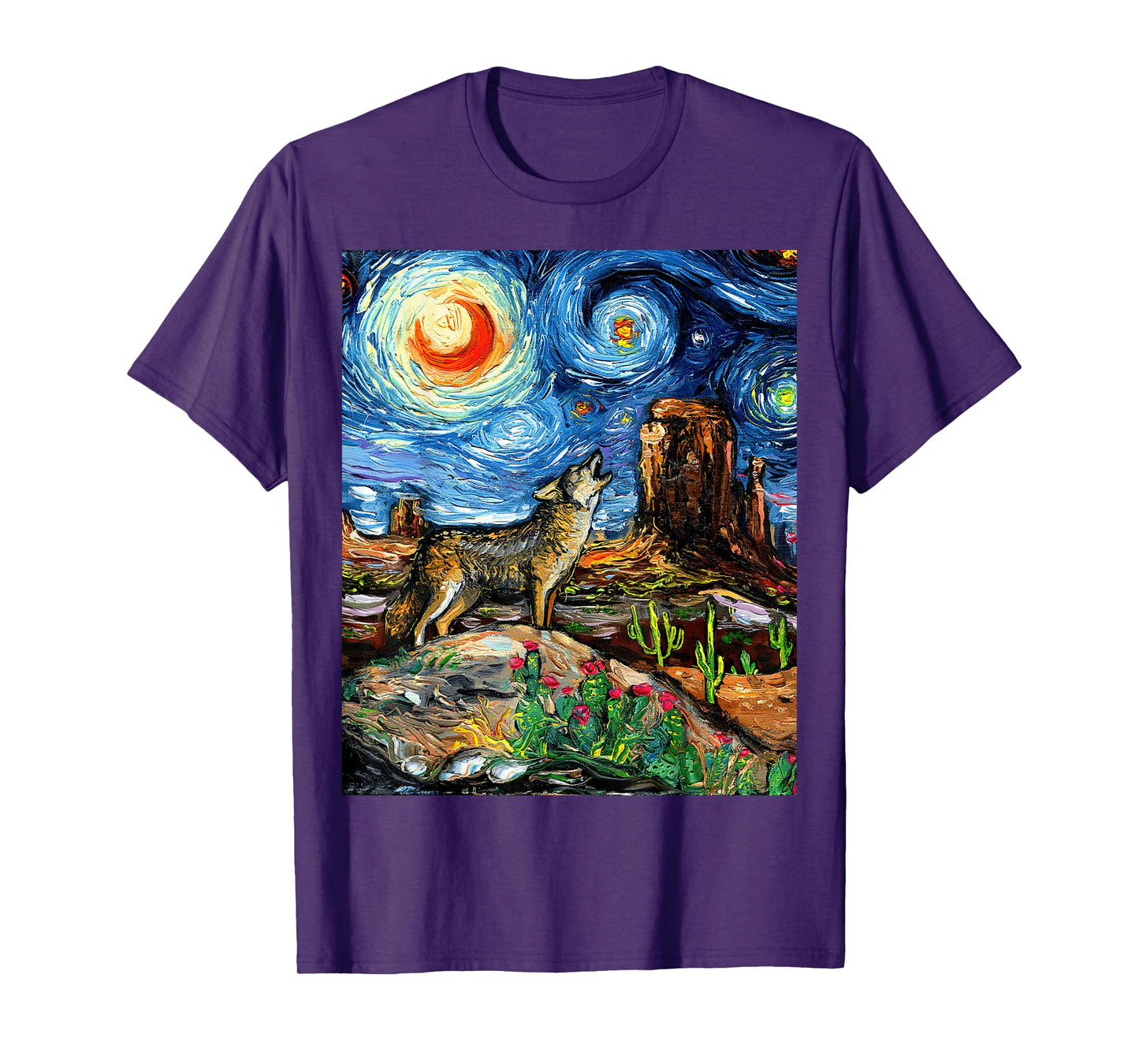 Coyote in the Southwestern Desert Starry Night Art by Aja T-Shirt