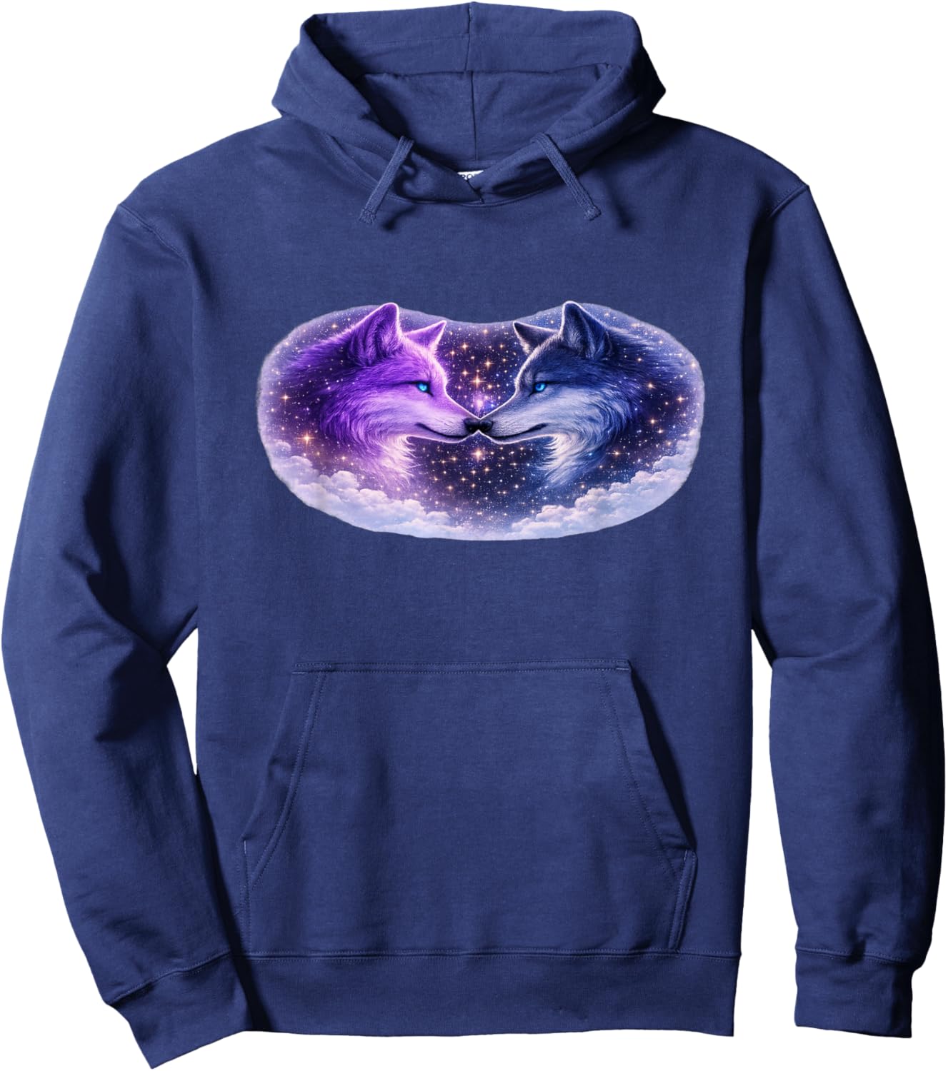 Celestial Purple Blue Wolves Cosmic Spirit Wolf Art T-Shirt Hoodie - Hoodie | Navy