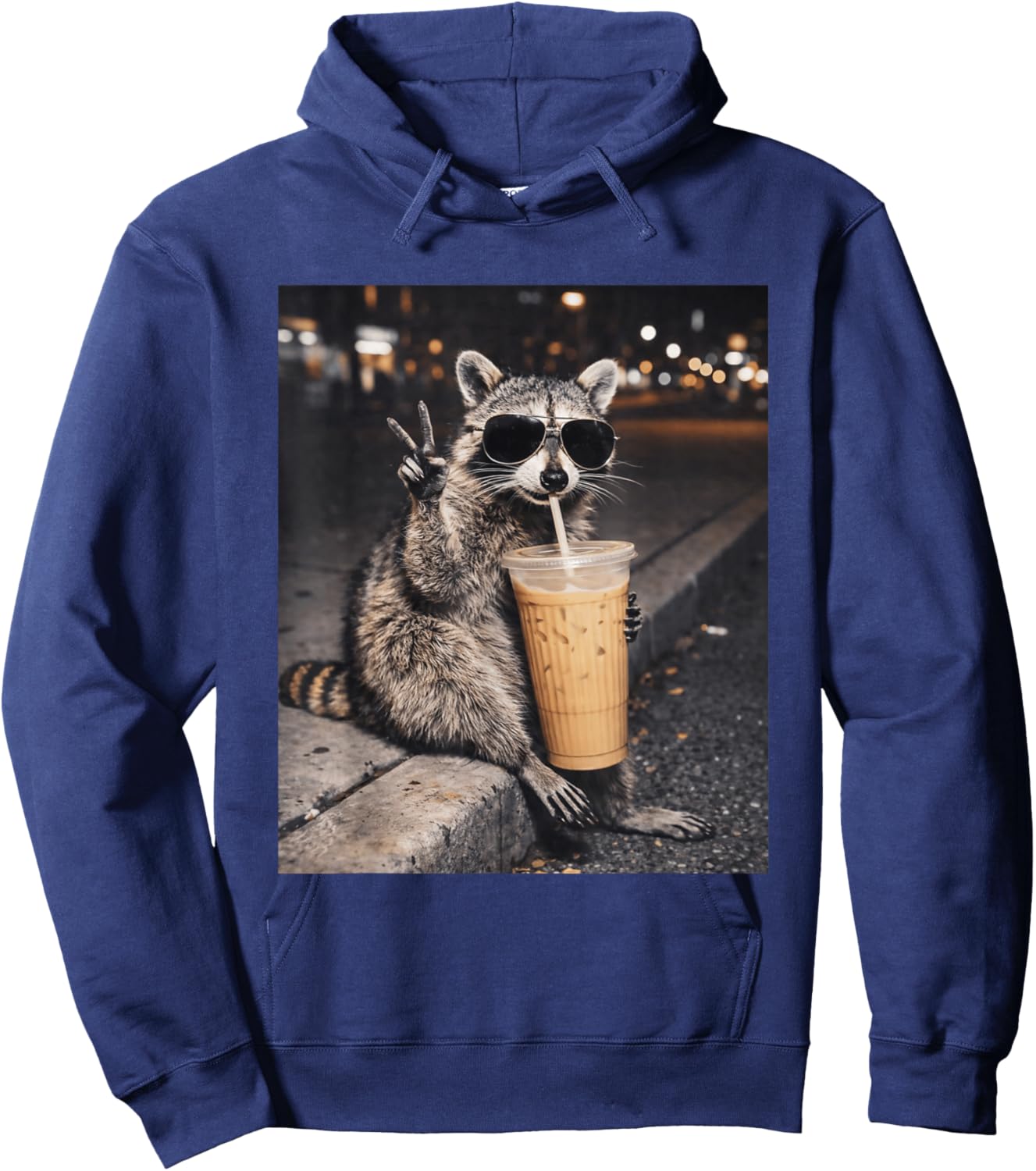 Raccoon Drinking Iced Coffee Funny Animal Meme T-Shirt Hoodie - Hoodie | Navy