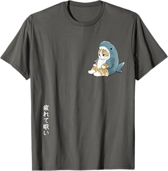 Adorable Cat in Shark Costume, Tired & Sleepy, Japanese Text T-Shirt for Men Women