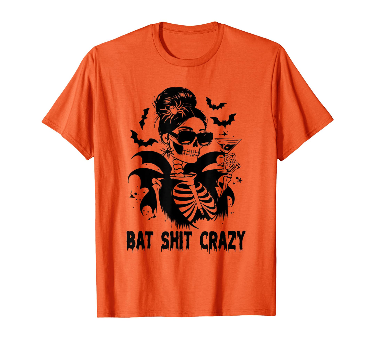 Bat Shit Crazy Halloween Witch Messy Bun Skull T-Shirt