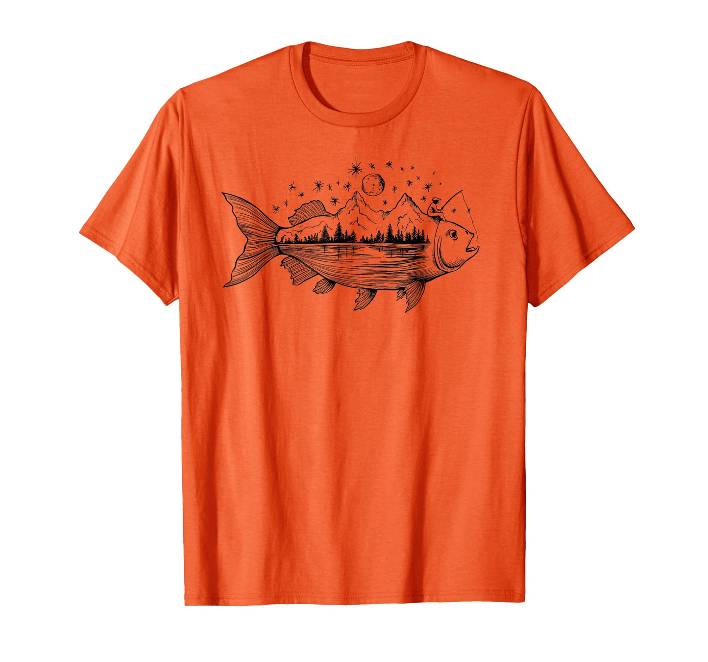 Cool Fish Shaped from Mountains Nature Scene Fishing T-Shirt