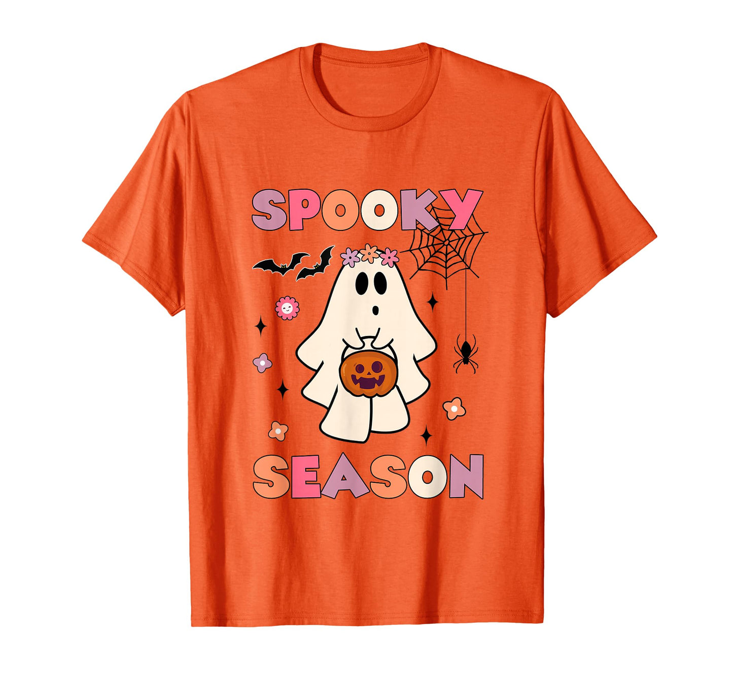 Funny Ghost Holding Pumpkin Halloween Groovy Spooky Season T-Shirt