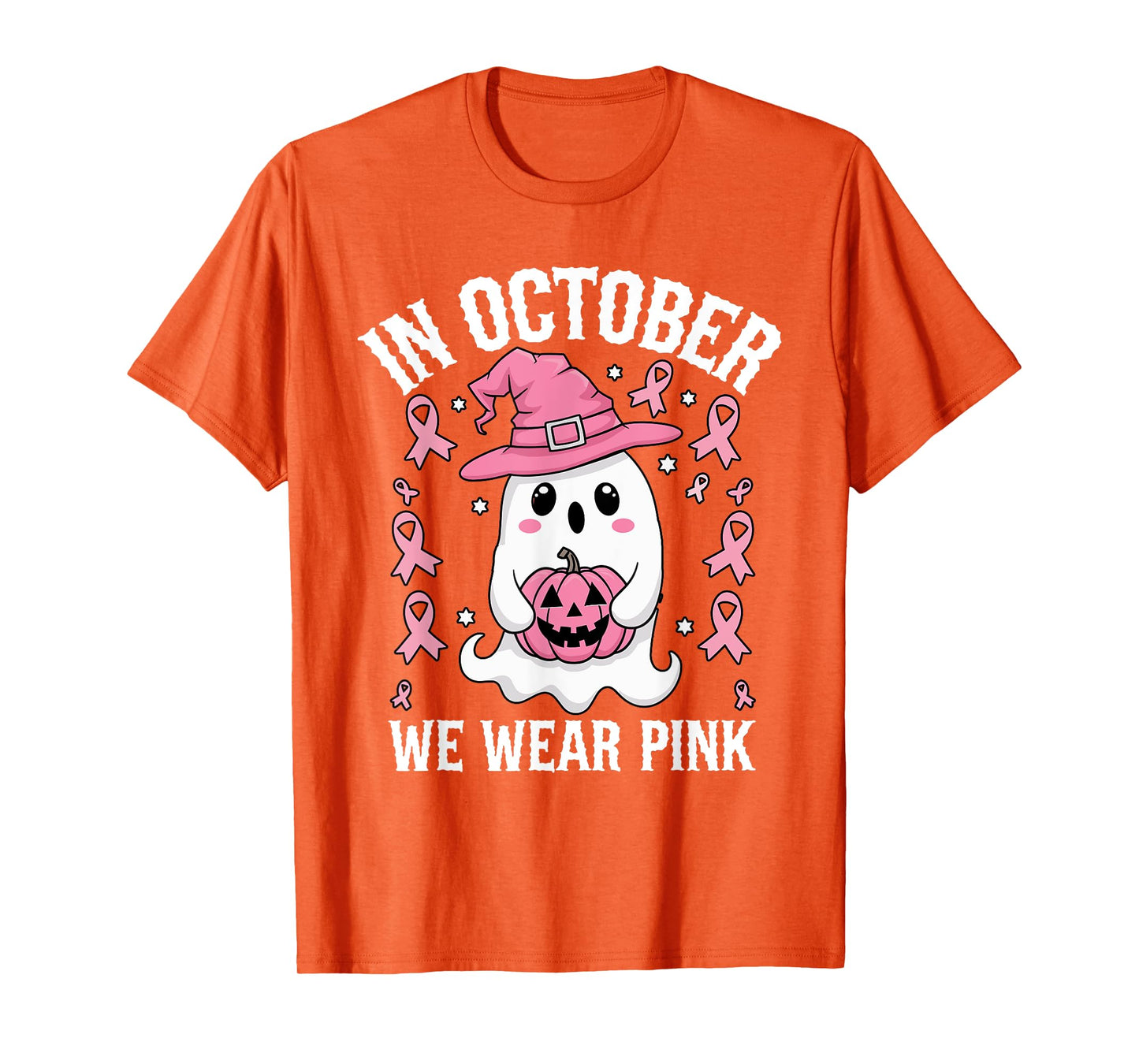 Pink October We Wear Breast Cancer Awareness Ghost Halloween T-Shirt