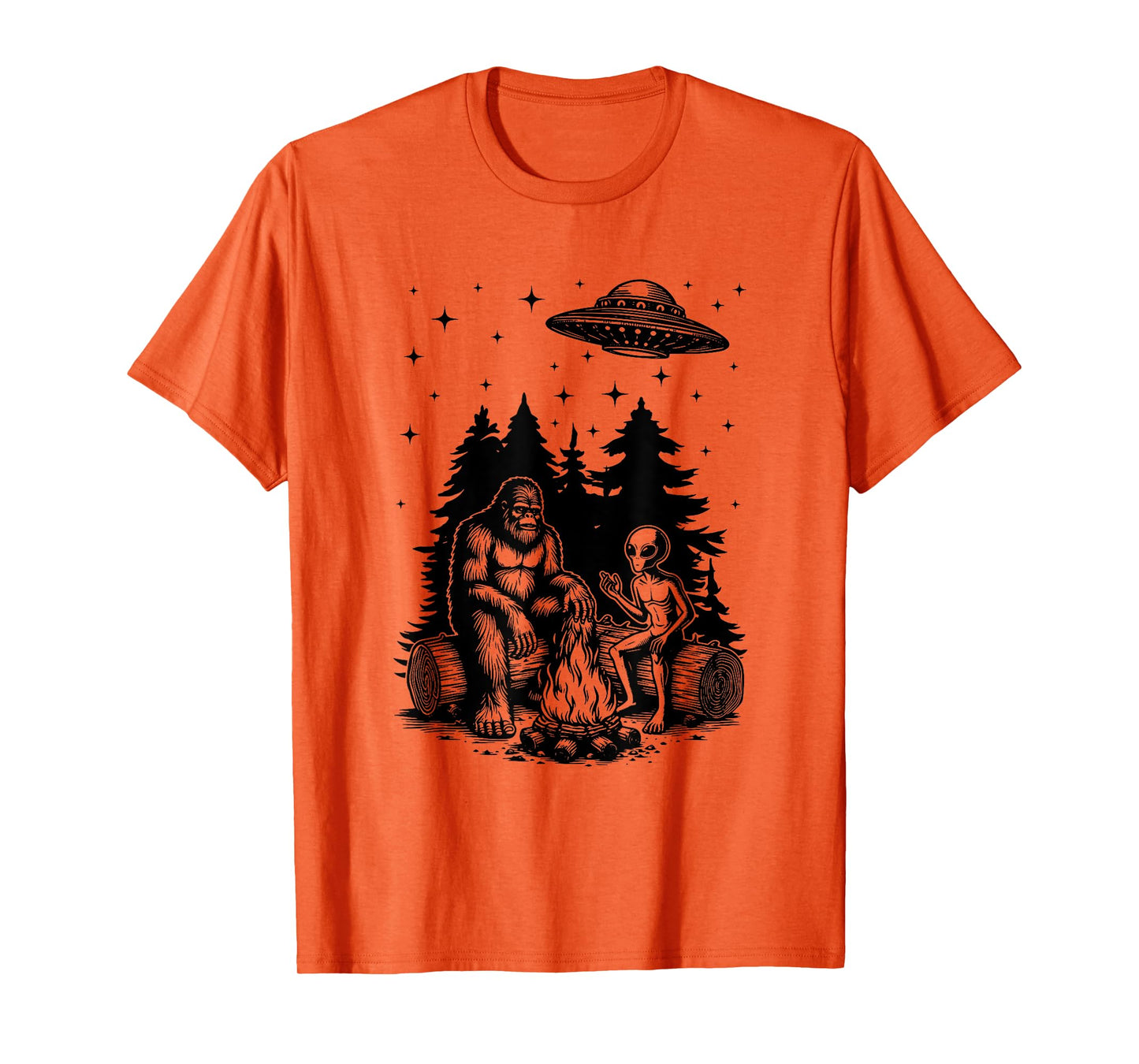 Alien And Bigfoot Campfire Sasquatch UFO For Outdoor Lovers T-Shirt