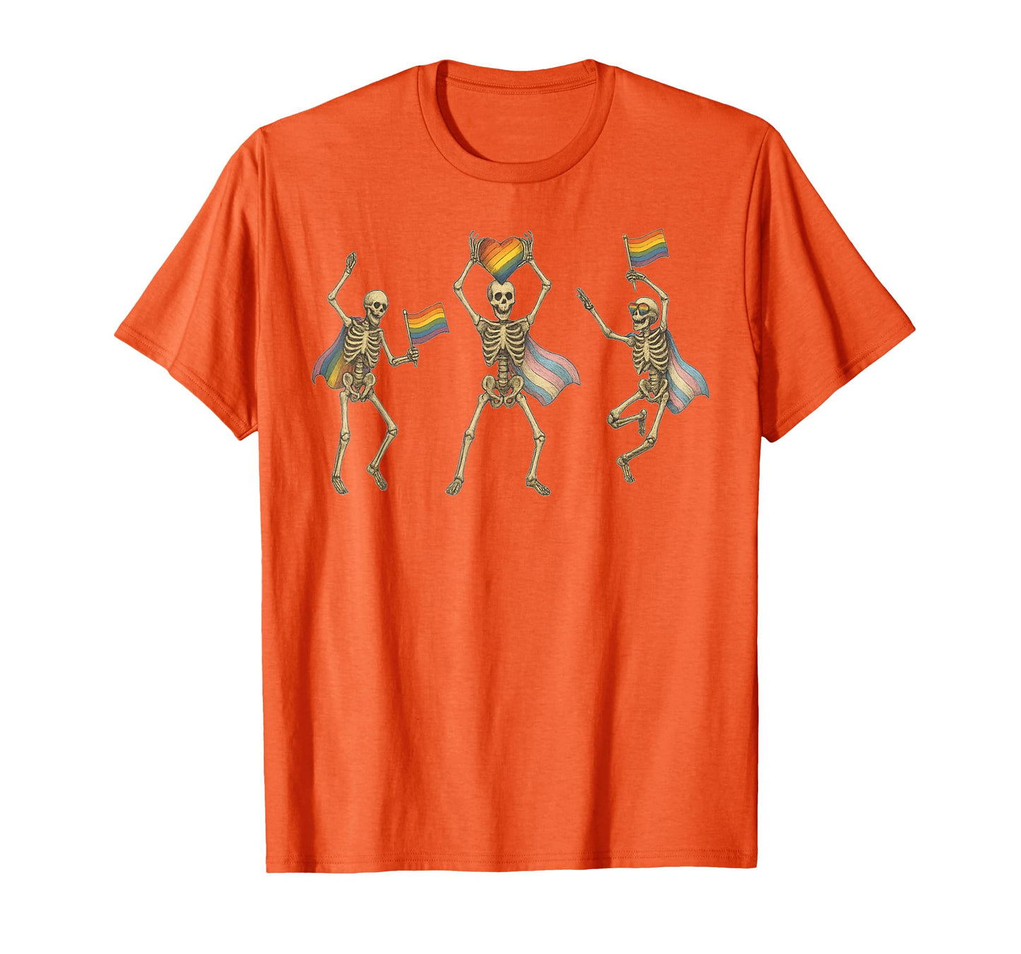 Pride Cute Spooky Skeleton Holding Rainbow Flags Retro Art T-Shirt