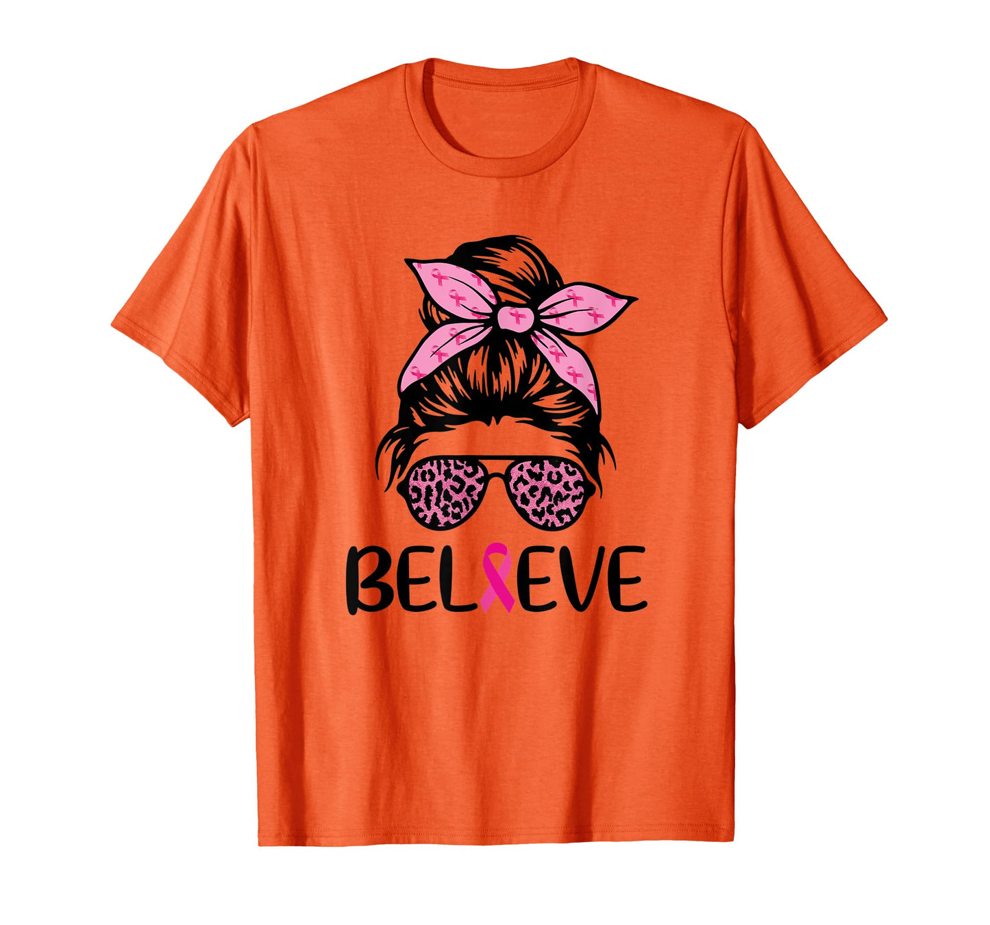 Believe Messy Bun Leopard Ribbon Breast Cancer Awareness T-Shirt