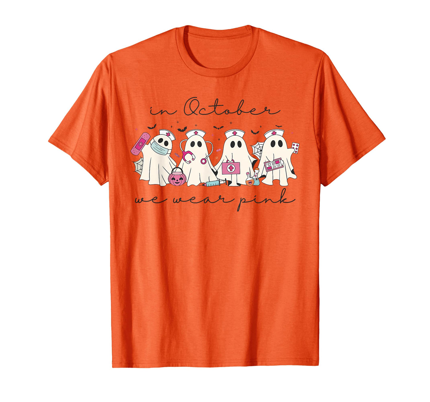in October We Wear Pink Nurse Ghost Halloween Breast Cancer T-Shirt