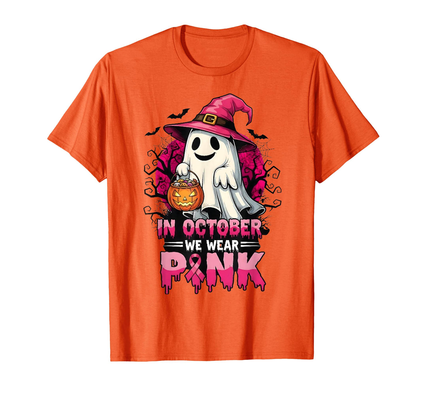 in October We Wear Pink Ghost Witch Breast Cancer Awareness T-Shirt