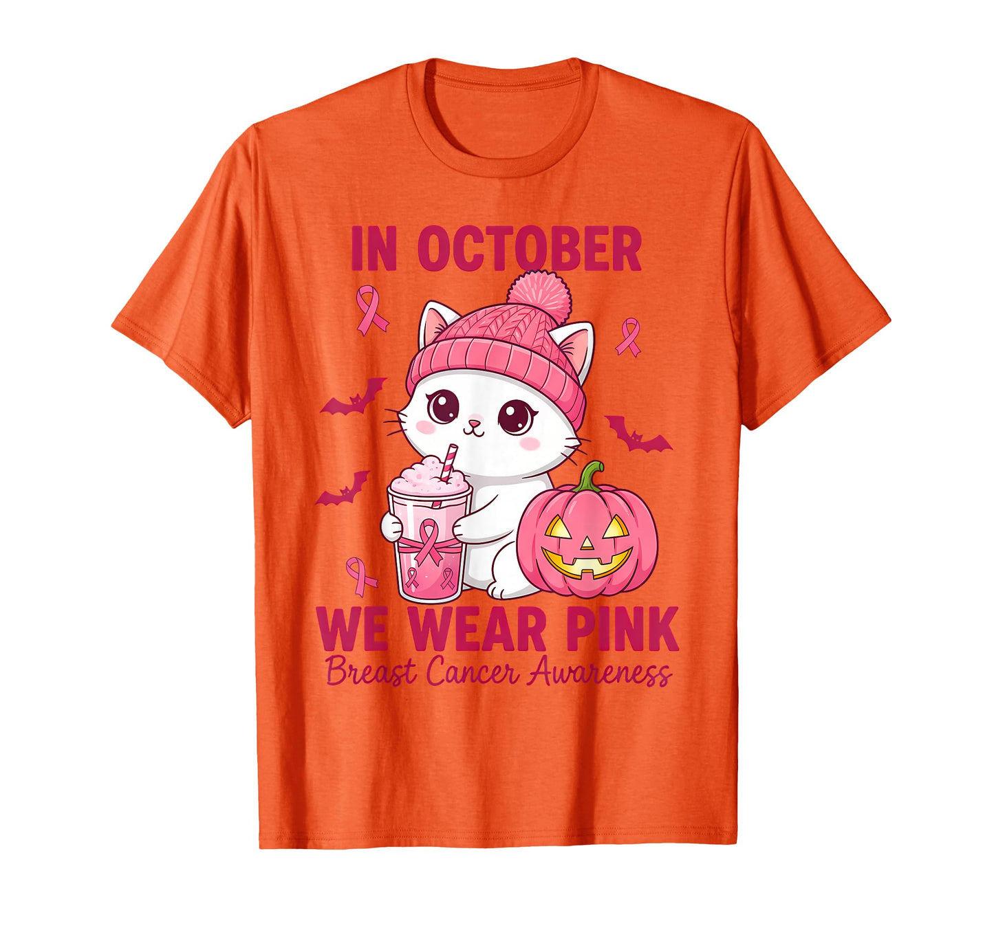 in October We Wear Pink Cat Breast Cancer Awareness T-Shirt