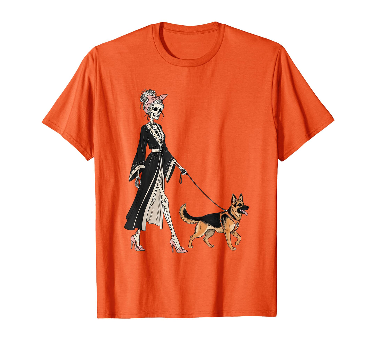 Skeleton German Shepherd Dog Walking Halloween Women T-Shirt