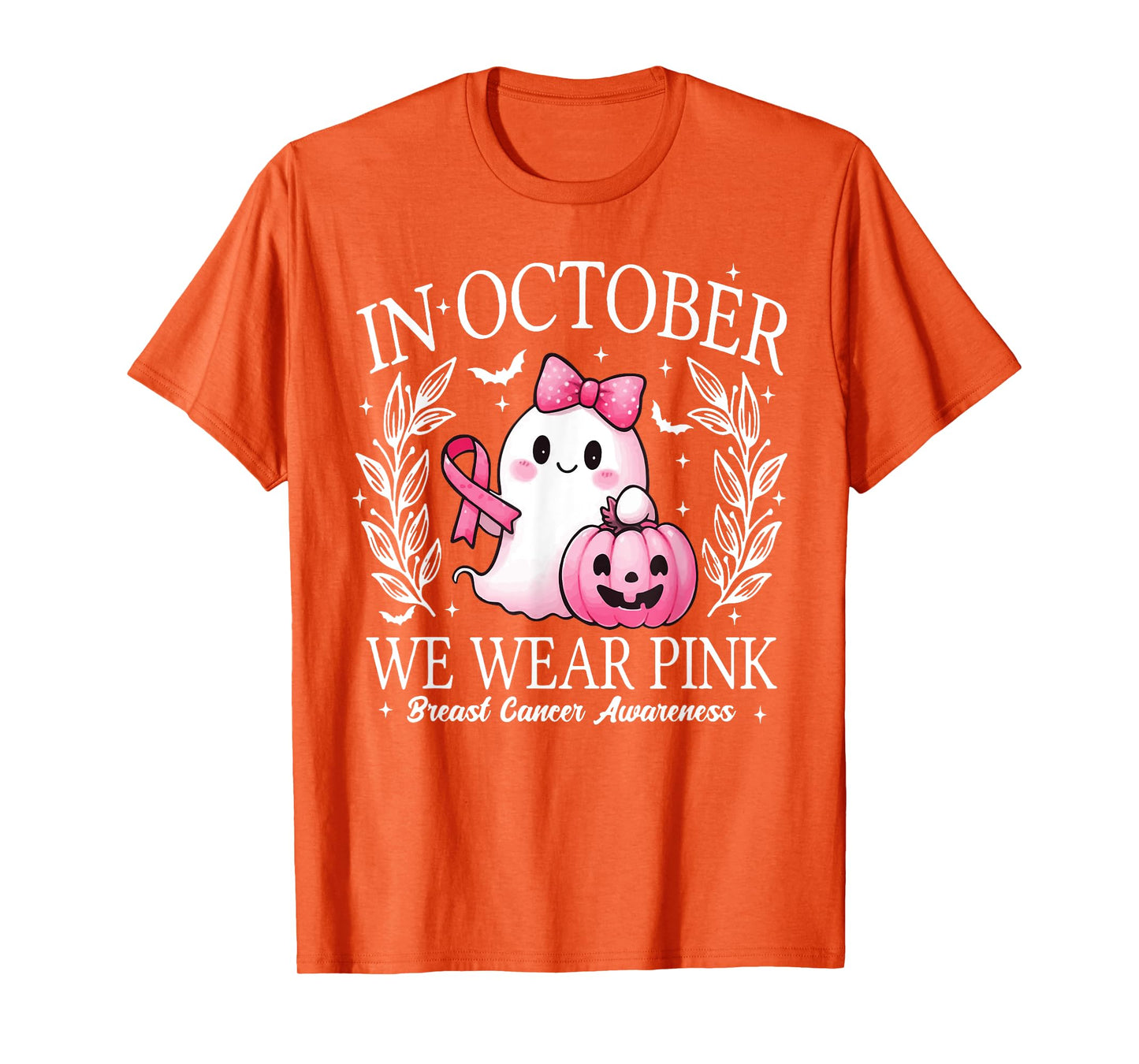 in October We Wear Pink Ghost Witch Breast Cancer Awareness T-Shirt